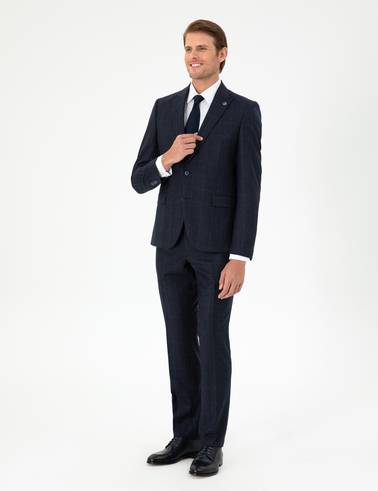 Lacivert Slim Fit Ekose Yün Takım Elbise