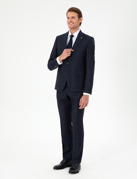 Lacivert Slim Fit Ekose Yün Takım Elbise - 50291974017