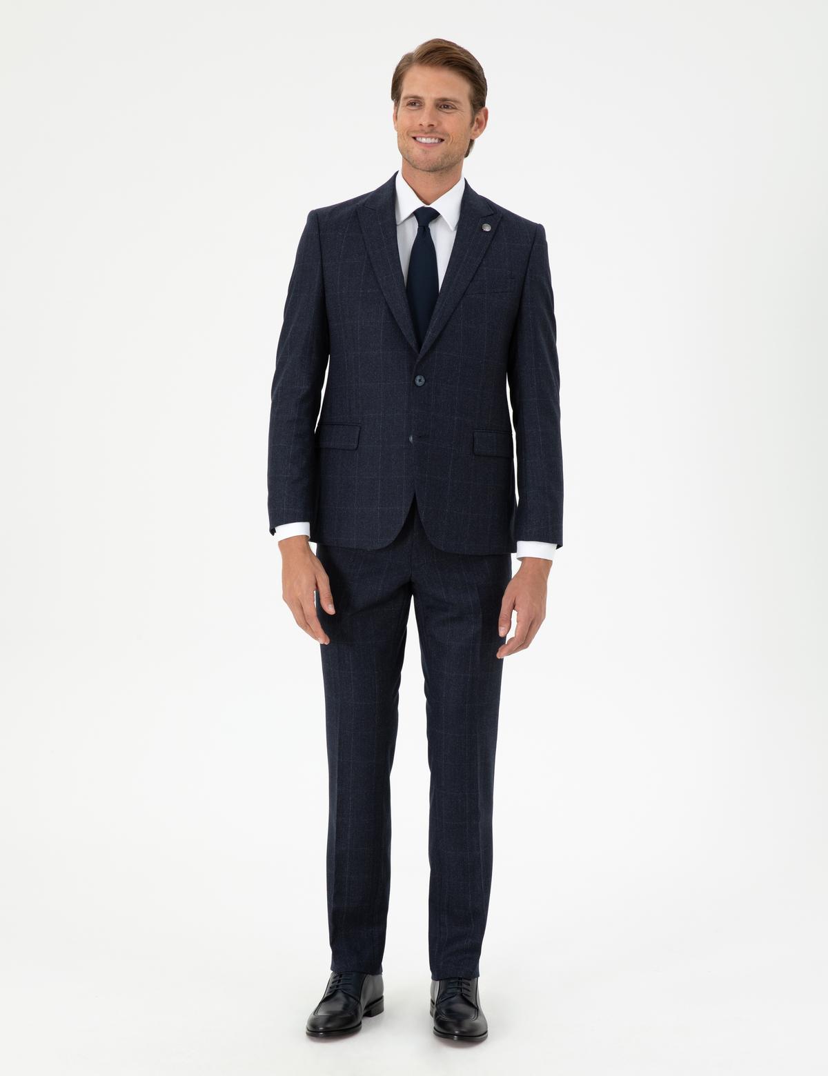 Lacivert Slim Fit Ekose Yün Takım Elbise