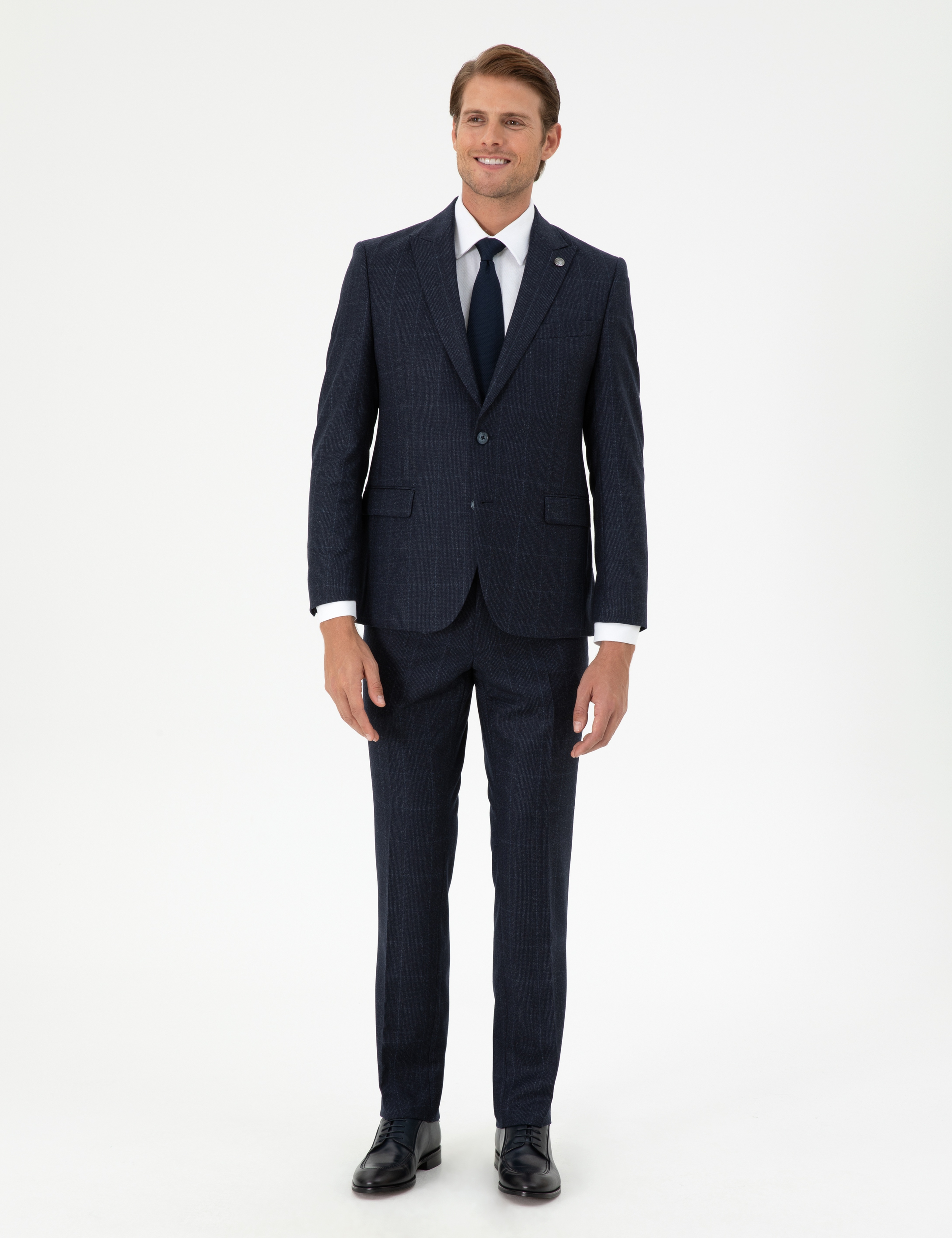 Lacivert Slim Fit Ekose Yün Takım Elbise - Image 1
