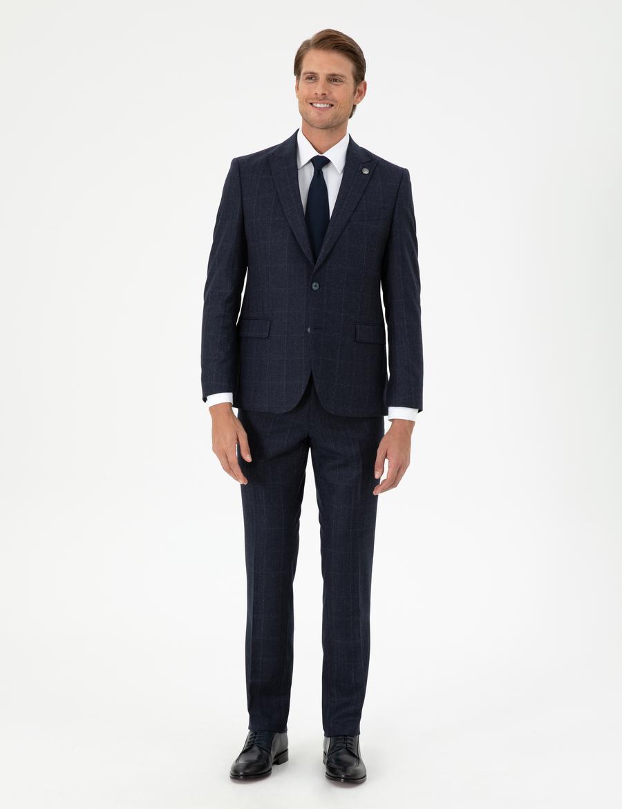 Lacivert Slim Fit Ekose Yün Takım Elbise