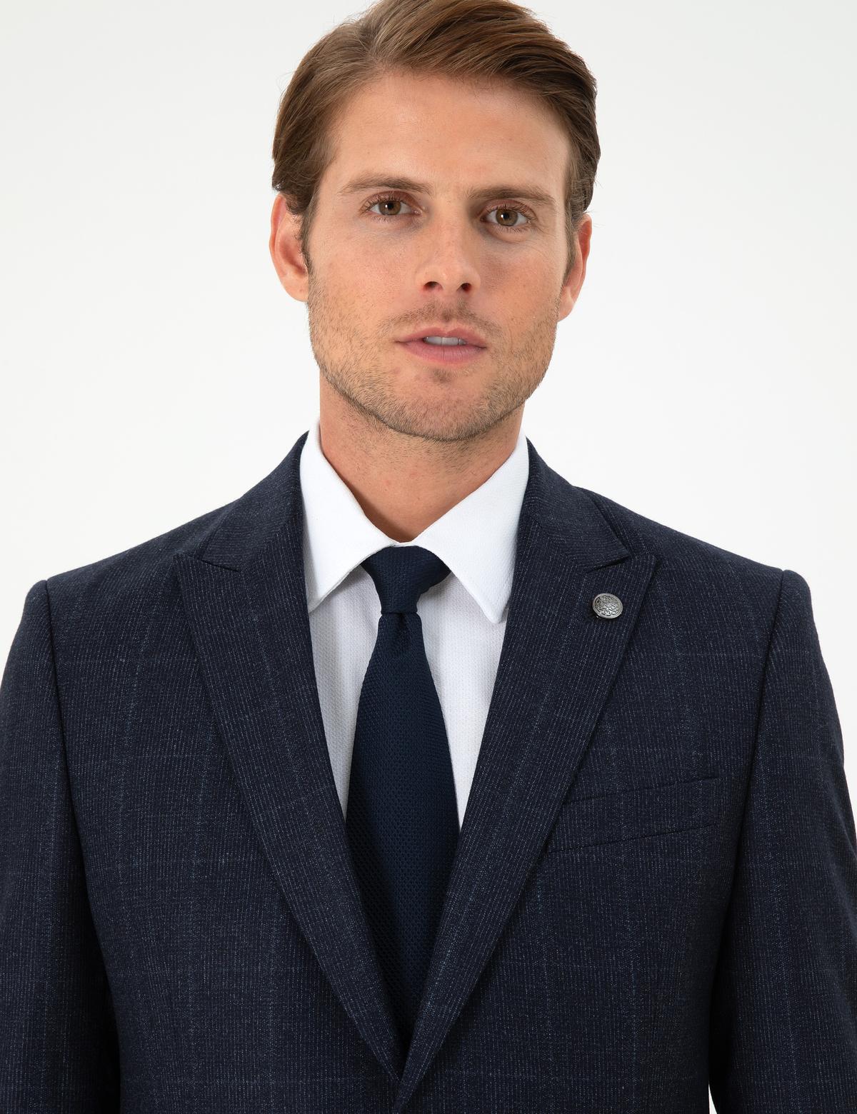 Lacivert Slim Fit Ekose Yün Takım Elbise - 50291974017