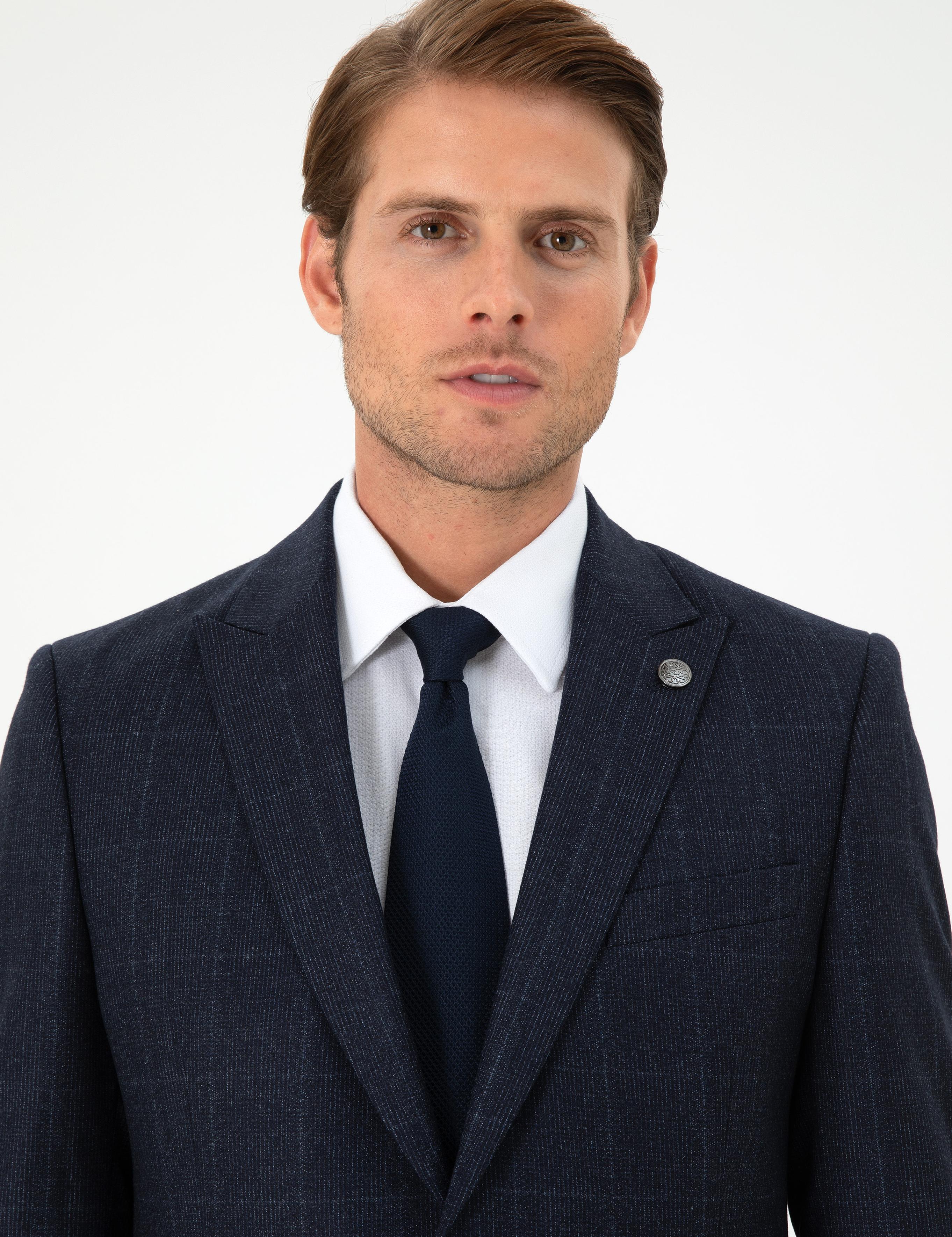 Lacivert Slim Fit Ekose Yün Takım Elbise