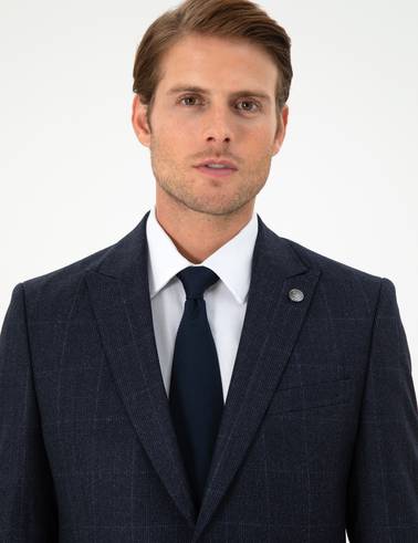 Lacivert Slim Fit Ekose Yün Takım Elbise