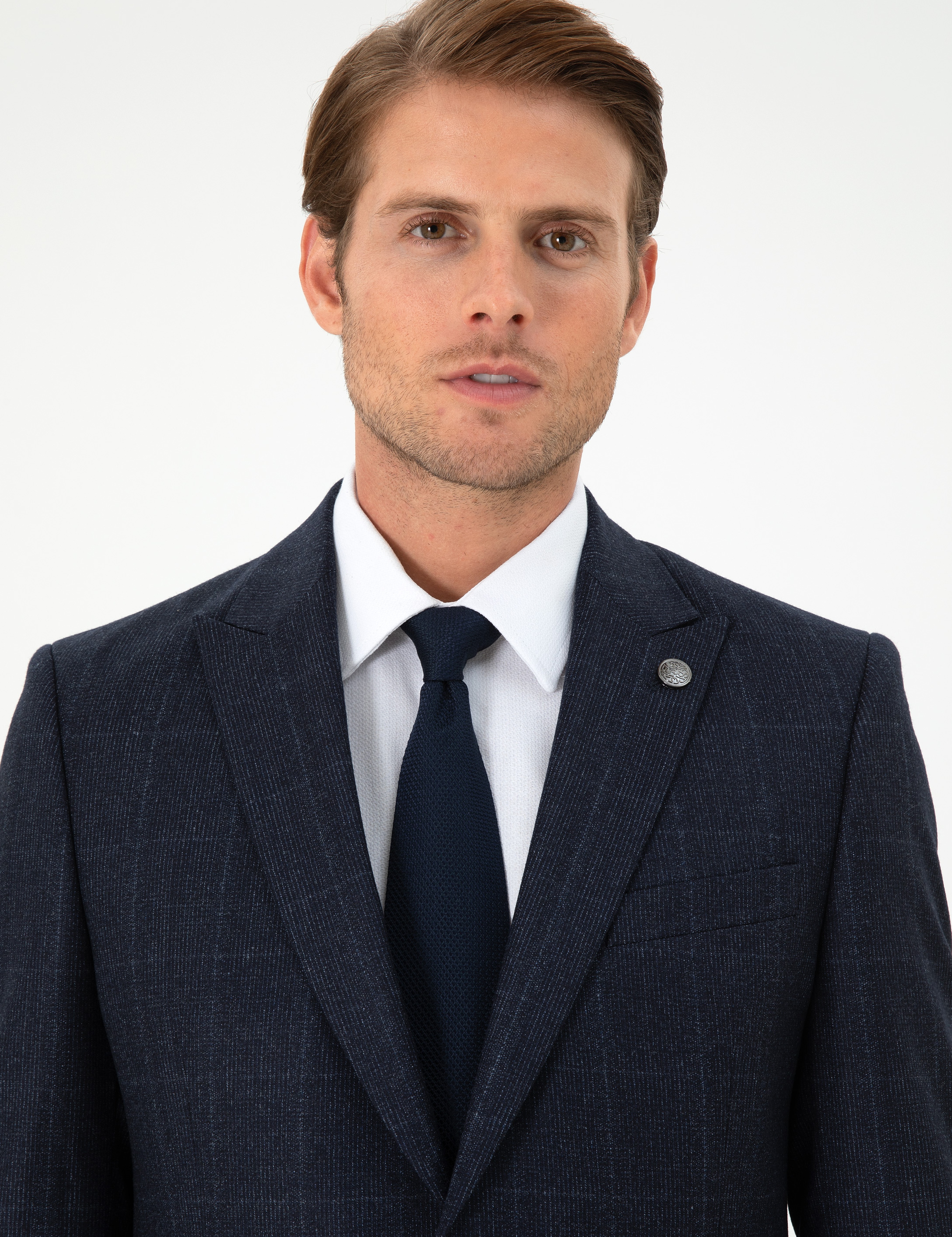 Lacivert Slim Fit Ekose Yün Takım Elbise - Image 2