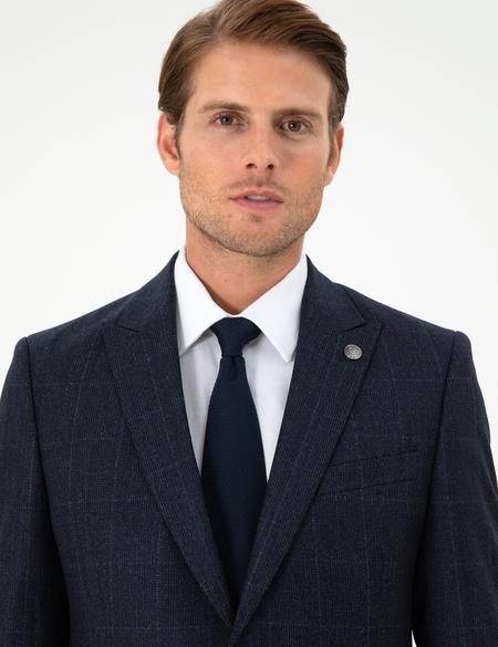 Lacivert Slim Fit Ekose Yün Takım Elbise - 50291974017