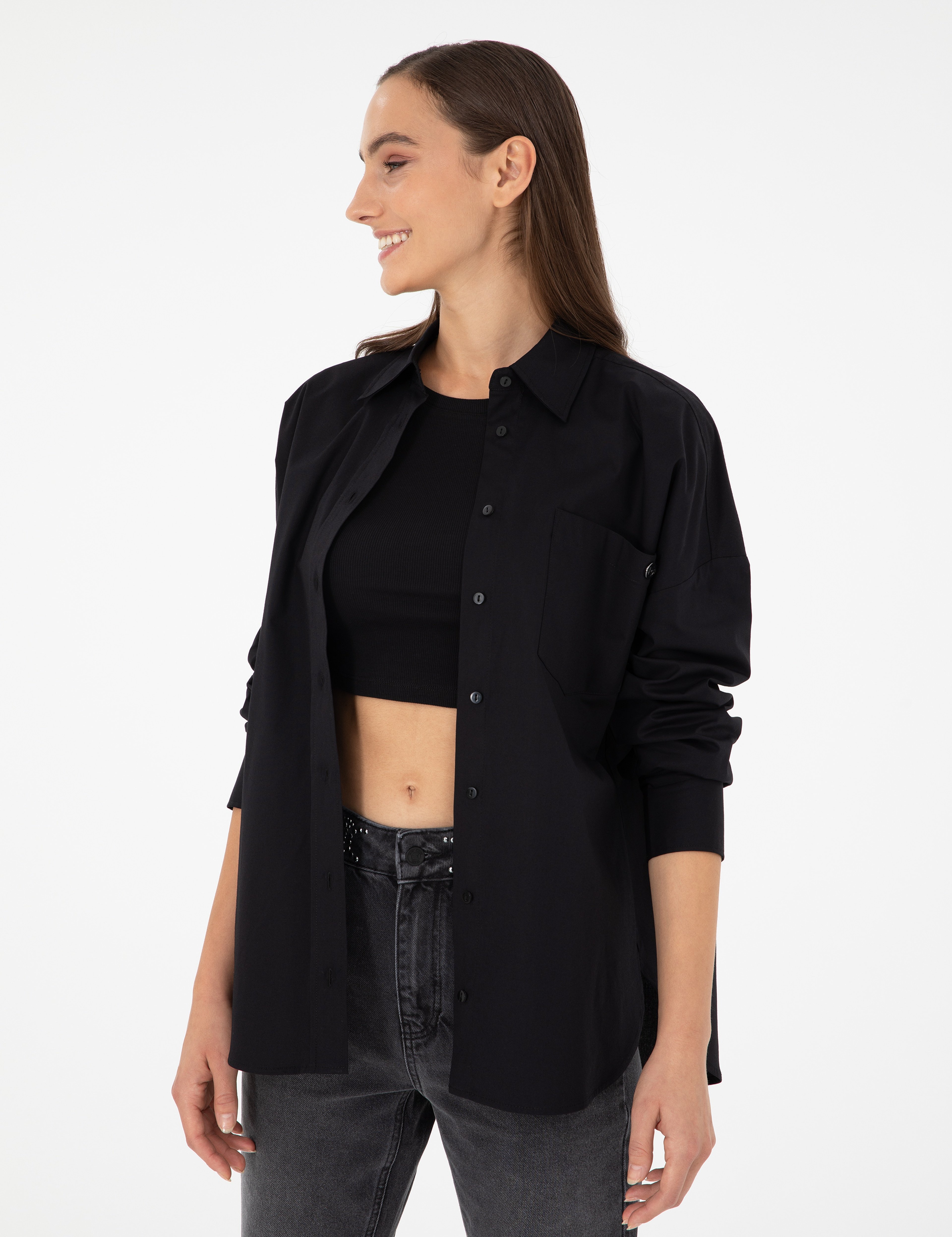 Siyah Oversize Uzun Kollu Gömlek - Image 3