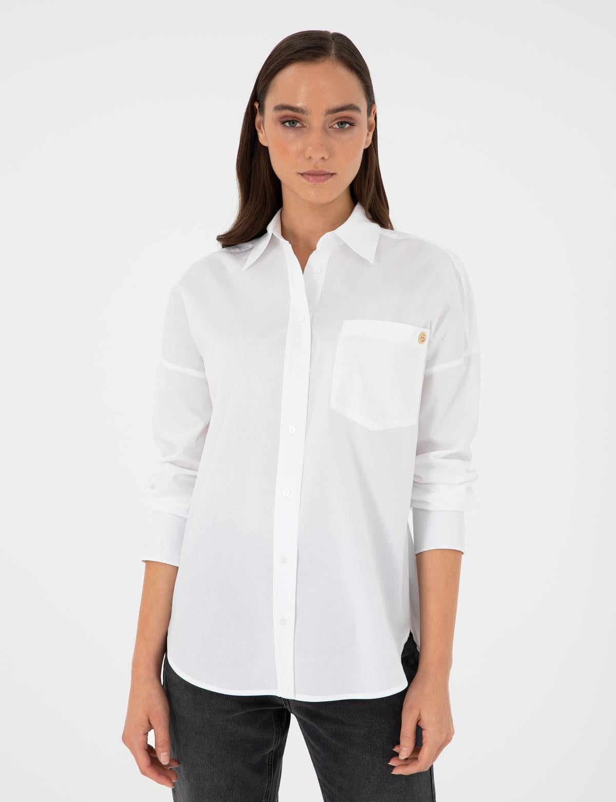 Beyaz Oversize Uzun Kollu Gömlek - 50299581029