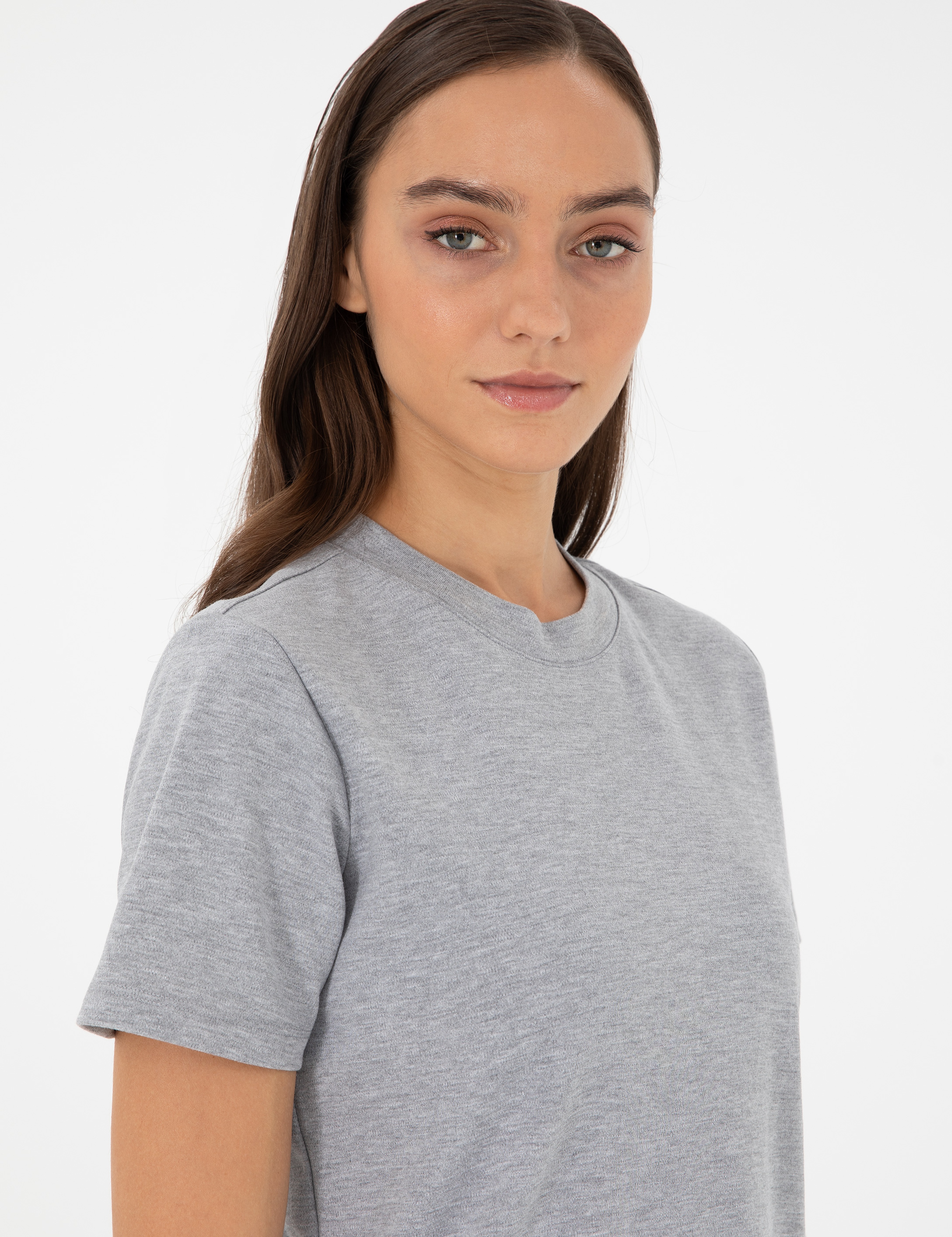 Gri Melanj Slim Fit Bisiklet Yaka Basic Tişört - Image 2