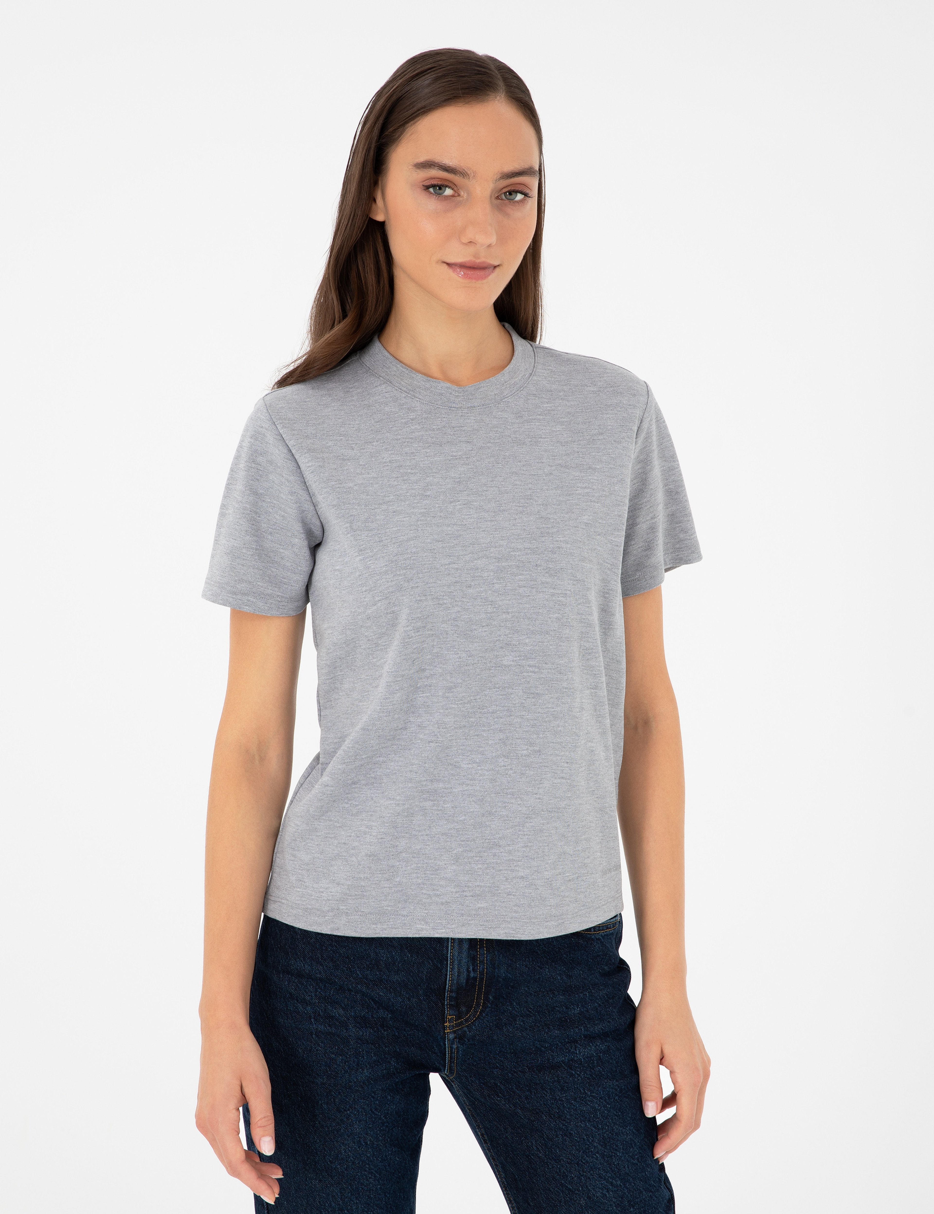 Gri Melanj Slim Fit Bisiklet Yaka Basic Tişört