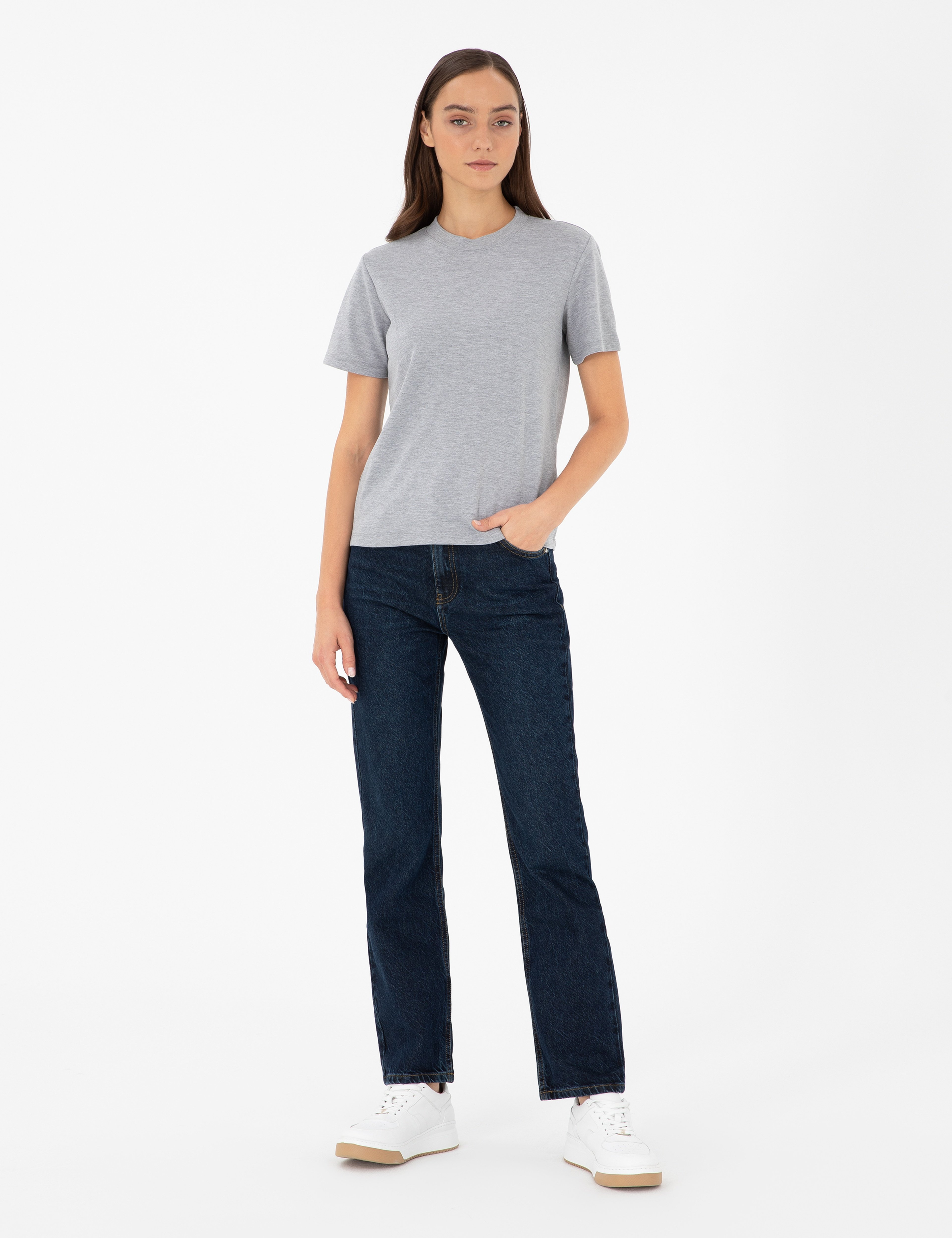 Gri Melanj Slim Fit Bisiklet Yaka Basic Tişört