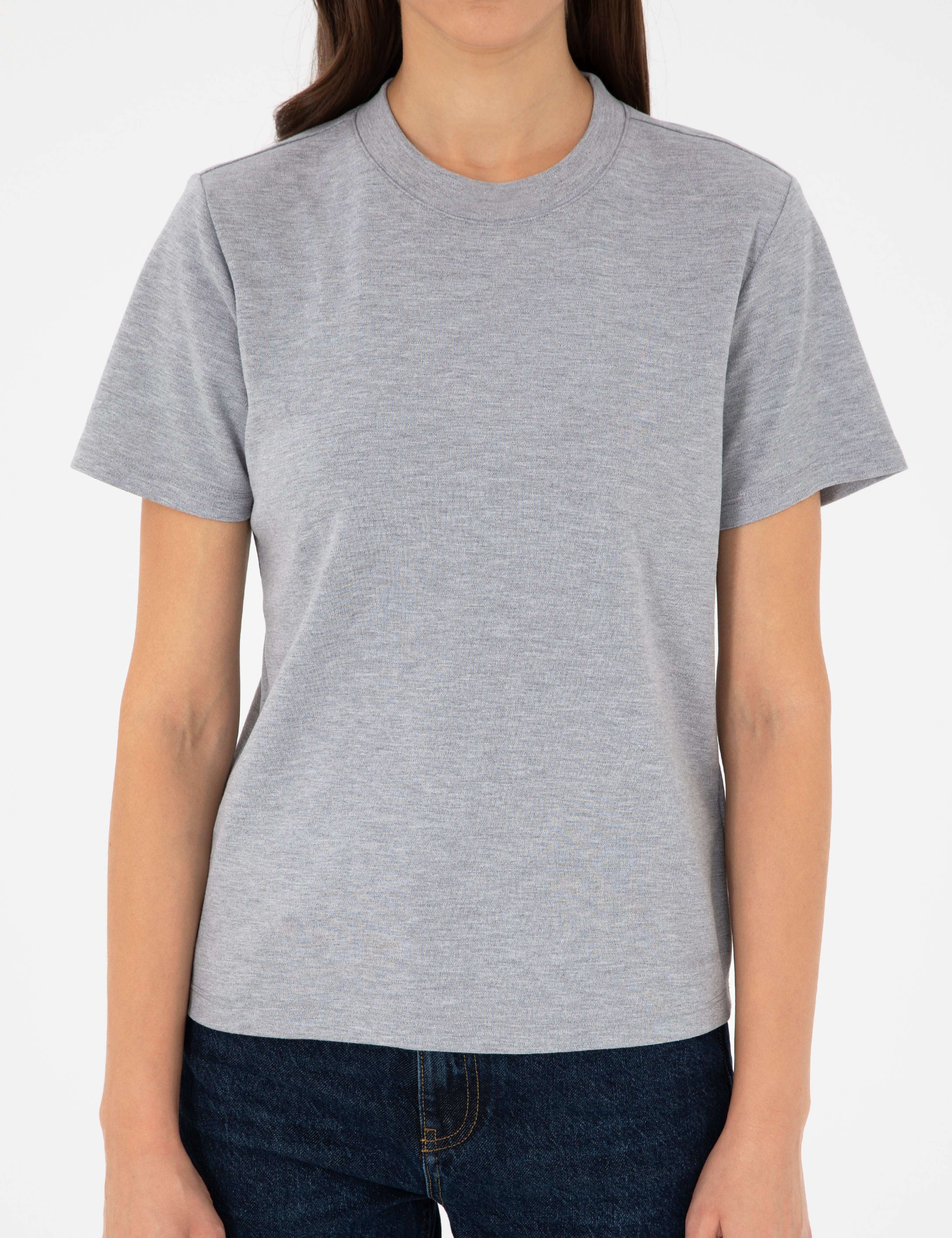 Gri Melanj Slim Fit Bisiklet Yaka Basic Tişört - Image 6