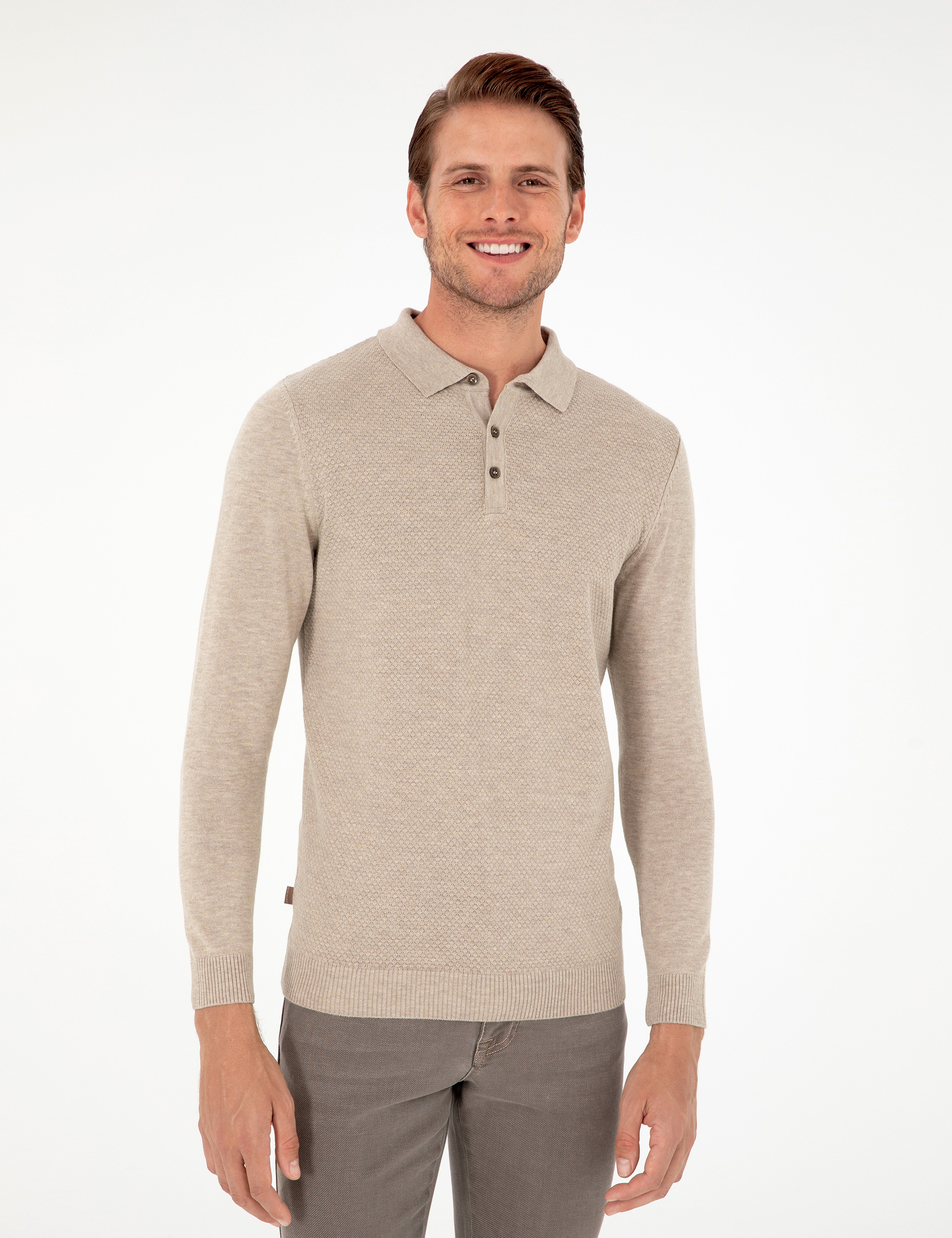 Kum Melanj Slim Fit Düğmeli Polo Yaka Triko Kazak