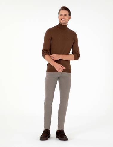 Koyu Kahverengi Slim Fit Balıkçı Yaka Basic Triko Kazak