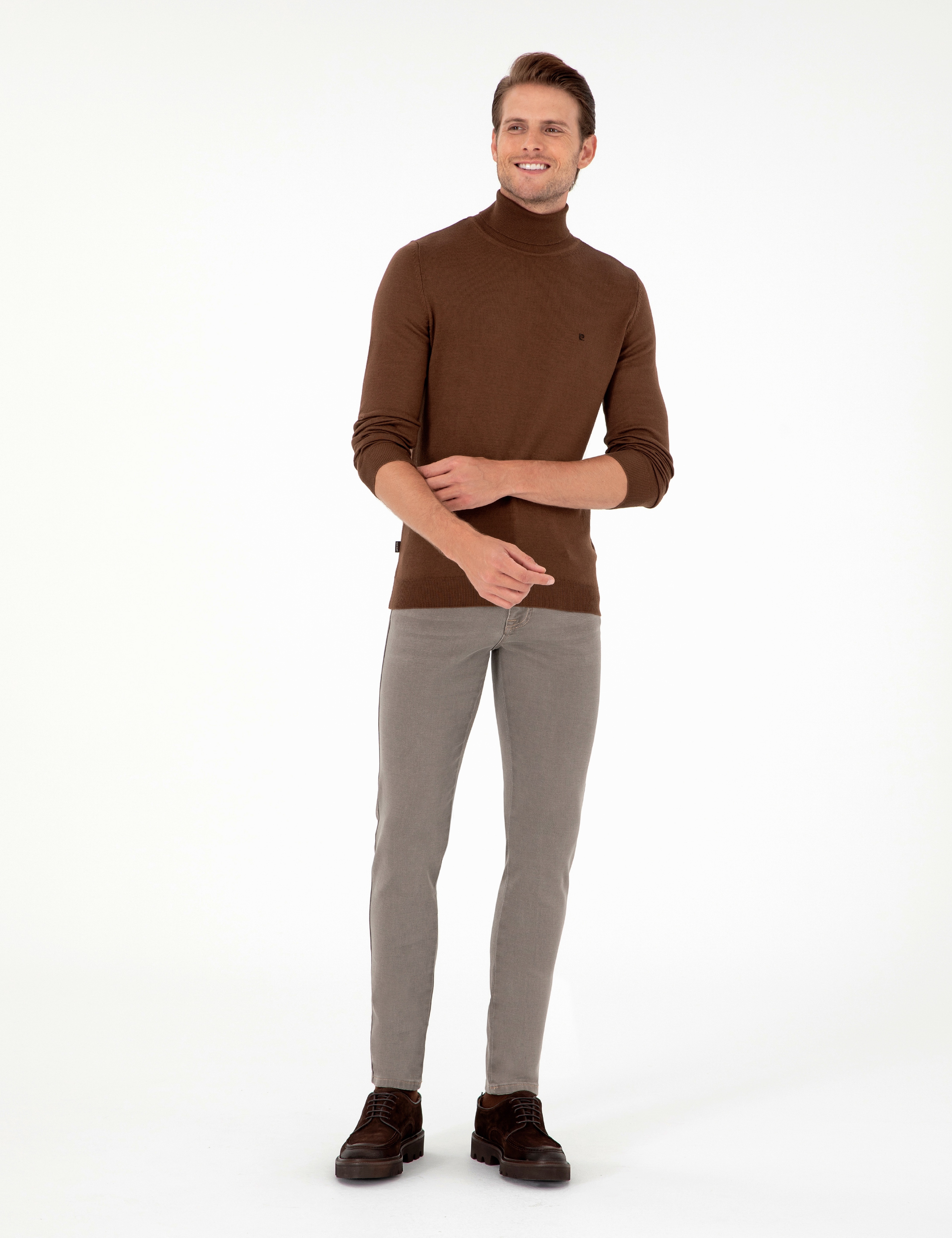 Koyu Kahverengi Slim Fit Balıkçı Yaka Basic Triko Kazak