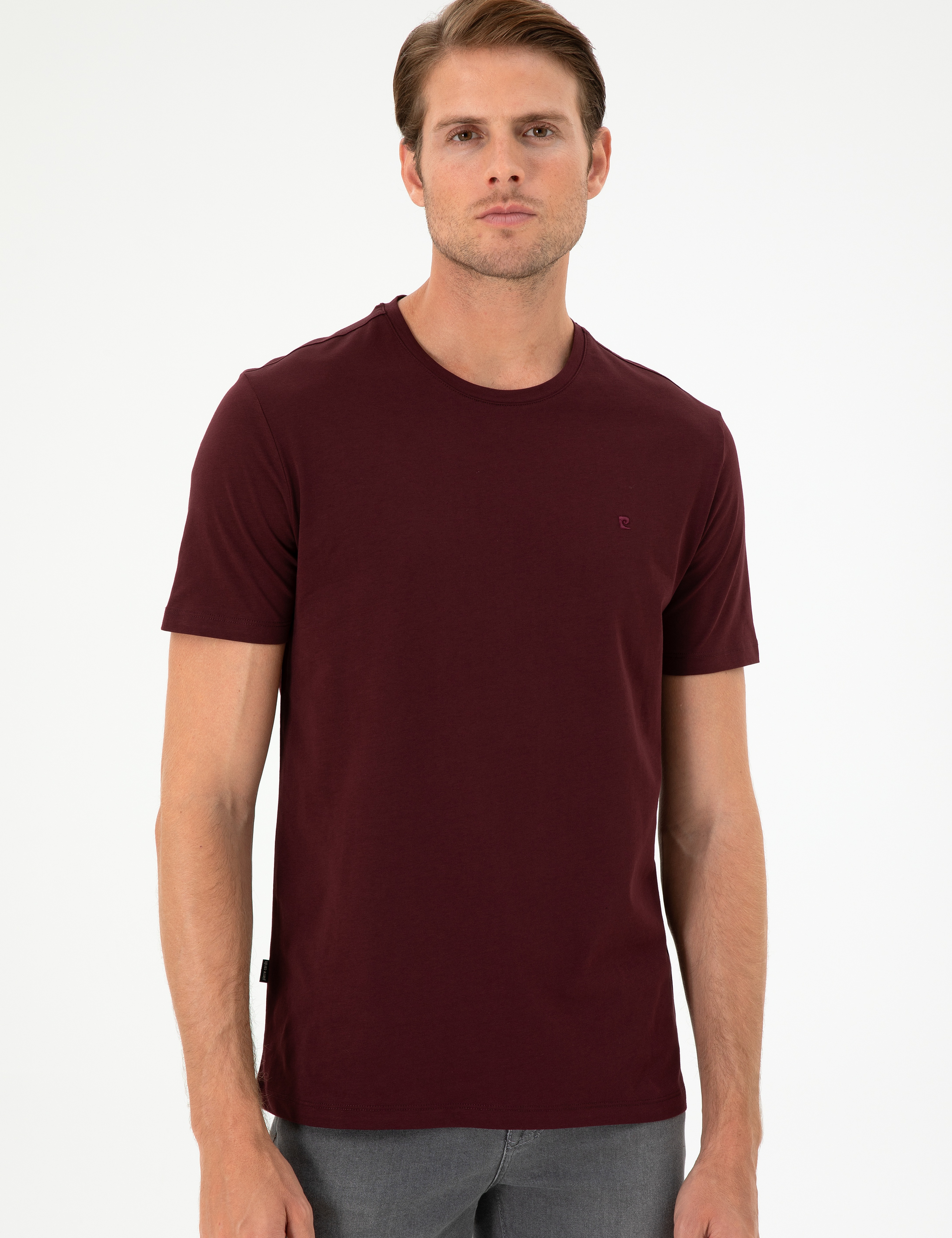 Bordo %100 Pamuk Slim Fit Bisiklet Yaka Basic Tişört - Image 3