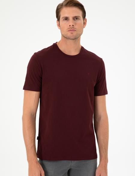 Bordo %100 Pamuk Slim Fit Bisiklet Yaka Basic Tişört - 50306359080