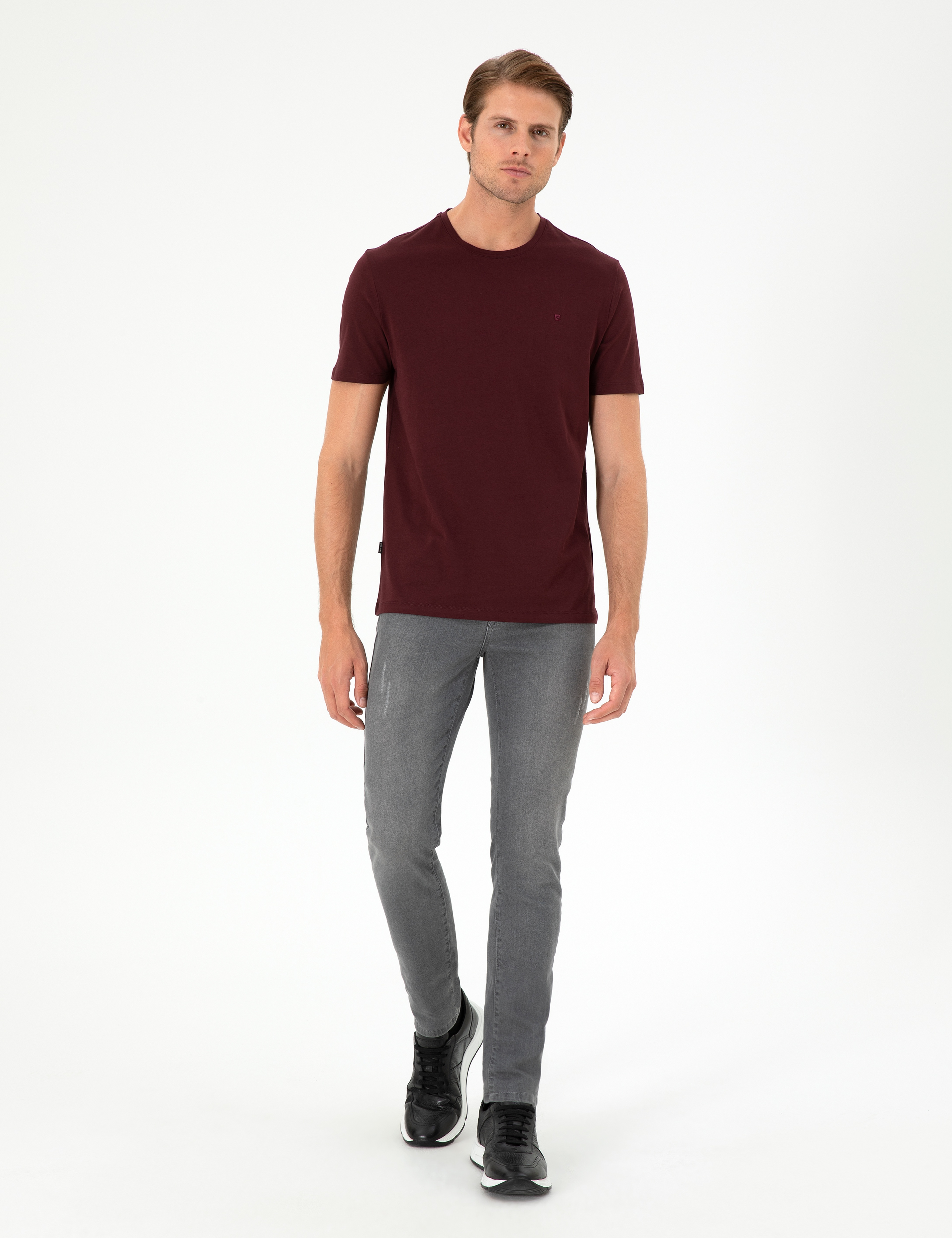 Bordo %100 Pamuk Slim Fit Bisiklet Yaka Basic Tişört - Image 4