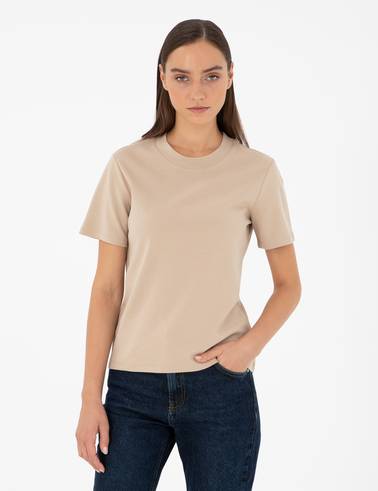 Bej Slim Fit Bisiklet Yaka Basic Tişört