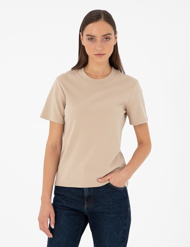 Bej Slim Fit Bisiklet Yaka Basic Tişört