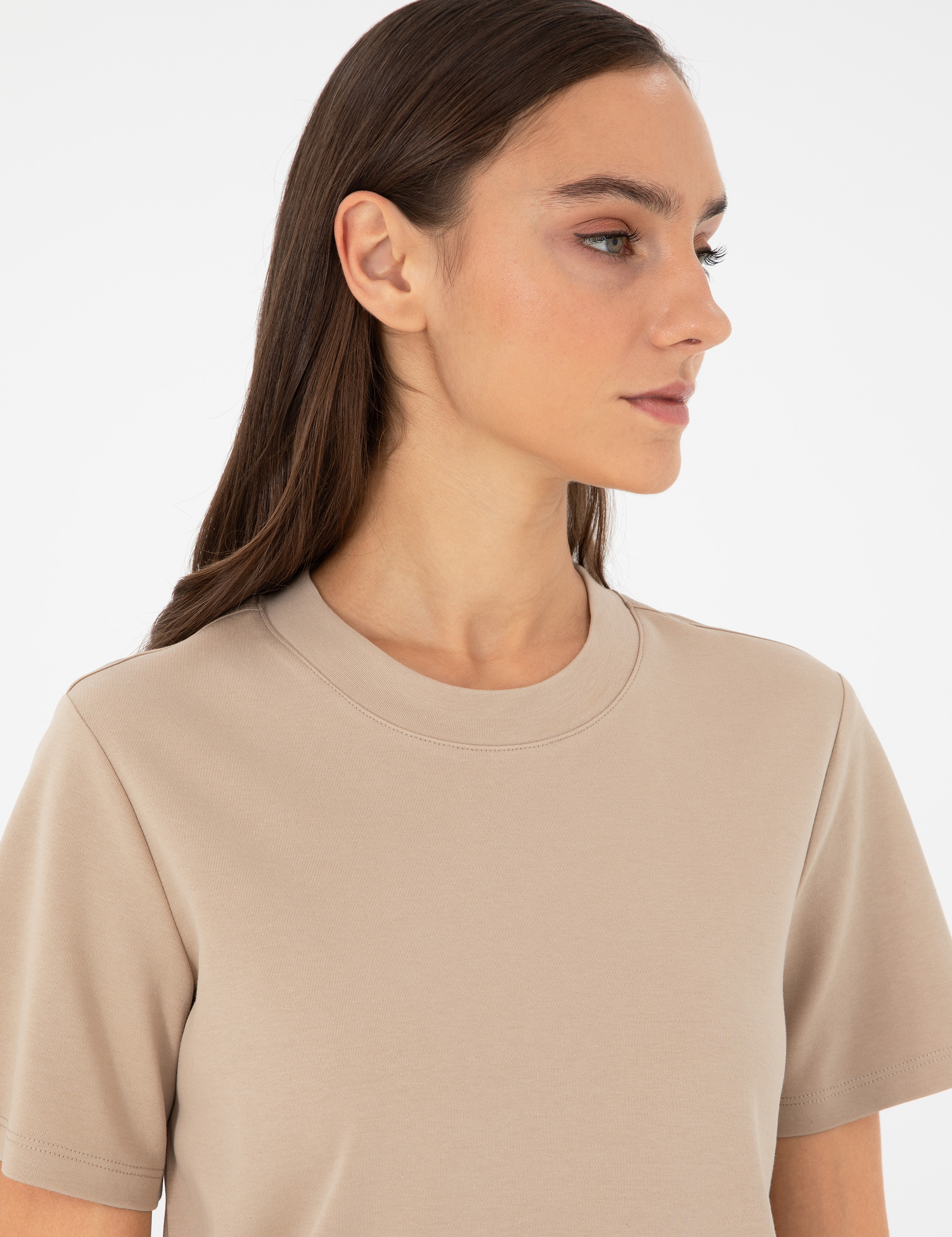 Bej Slim Fit Bisiklet Yaka Basic Tişört - Image 2