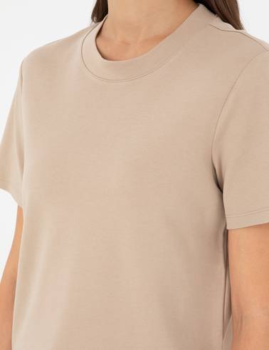 Bej Slim Fit Bisiklet Yaka Basic Tişört