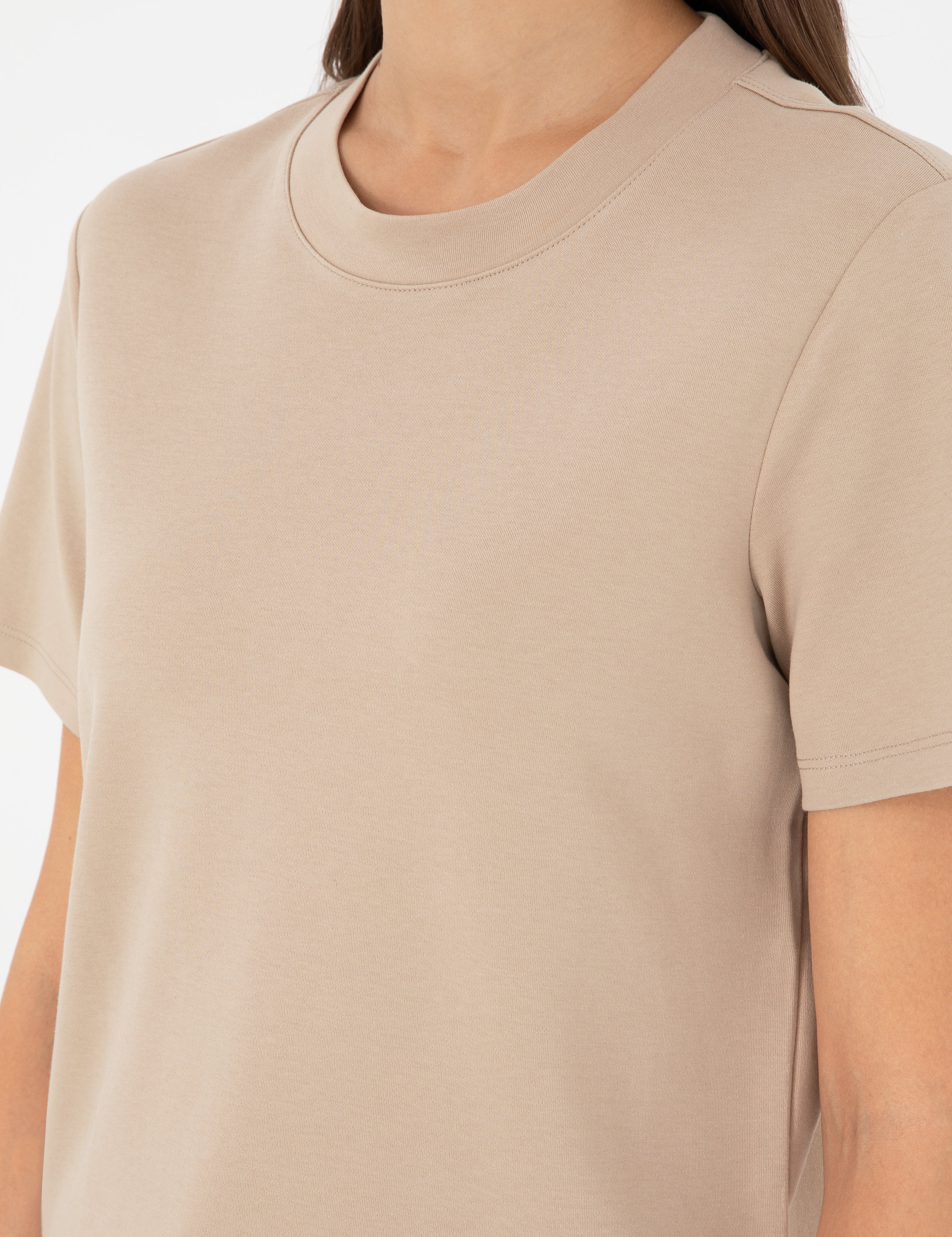 Bej Slim Fit Bisiklet Yaka Basic Tişört - Image 7
