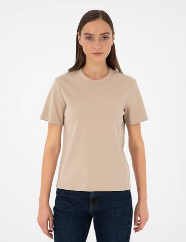 Bej Slim Fit Bisiklet Yaka Basic Tişört