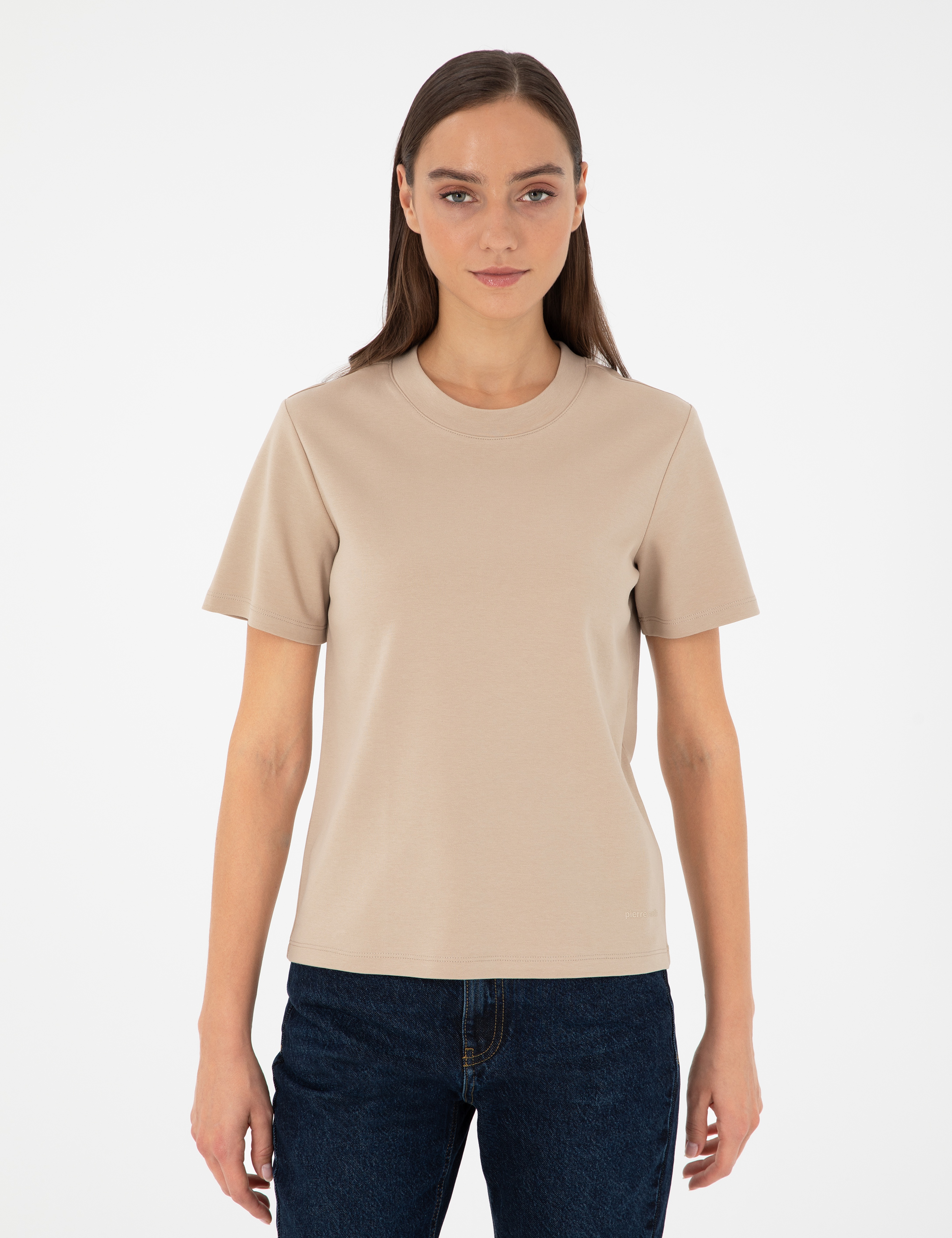 Bej Slim Fit Bisiklet Yaka Basic Tişört