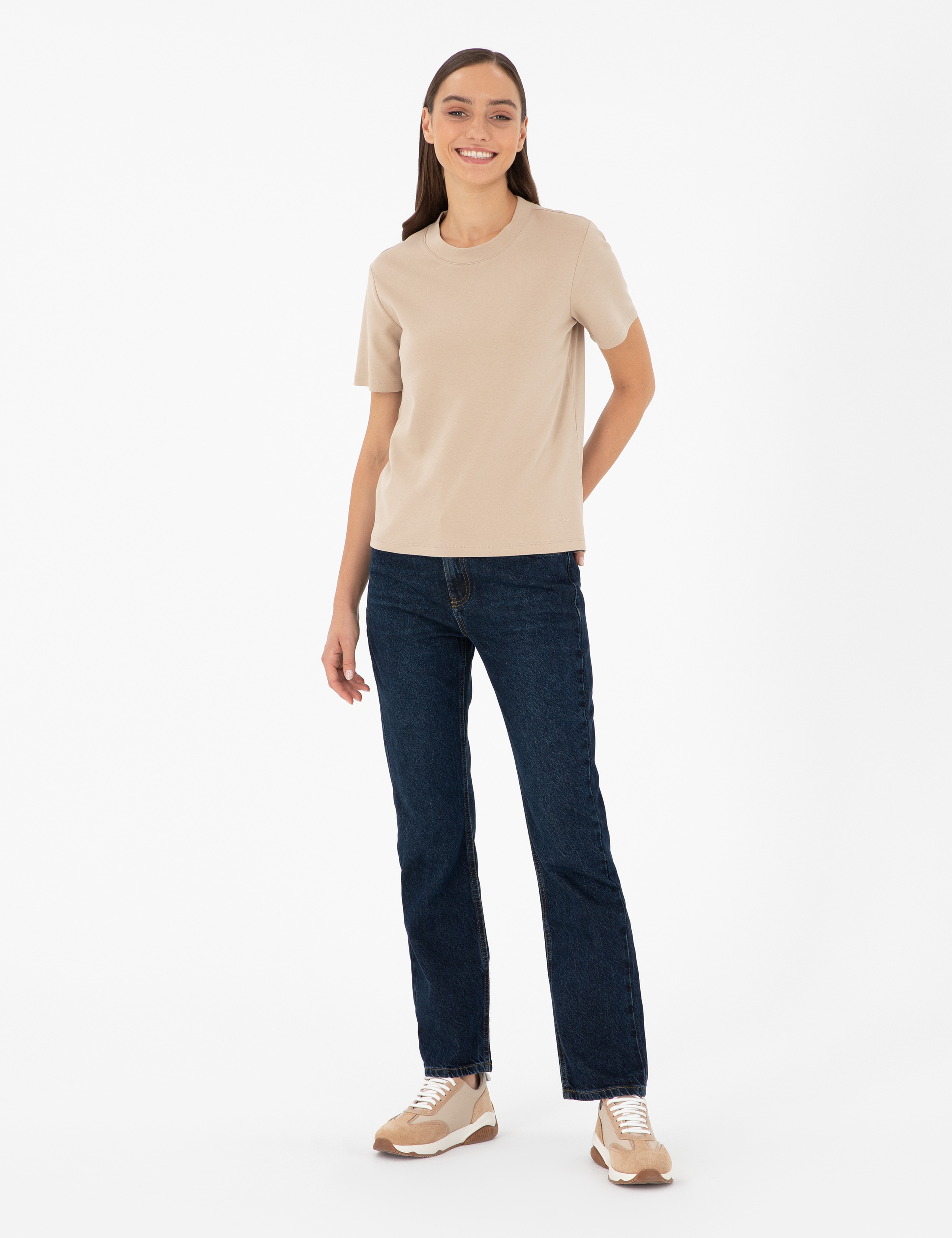 Bej Slim Fit Bisiklet Yaka Basic Tişört