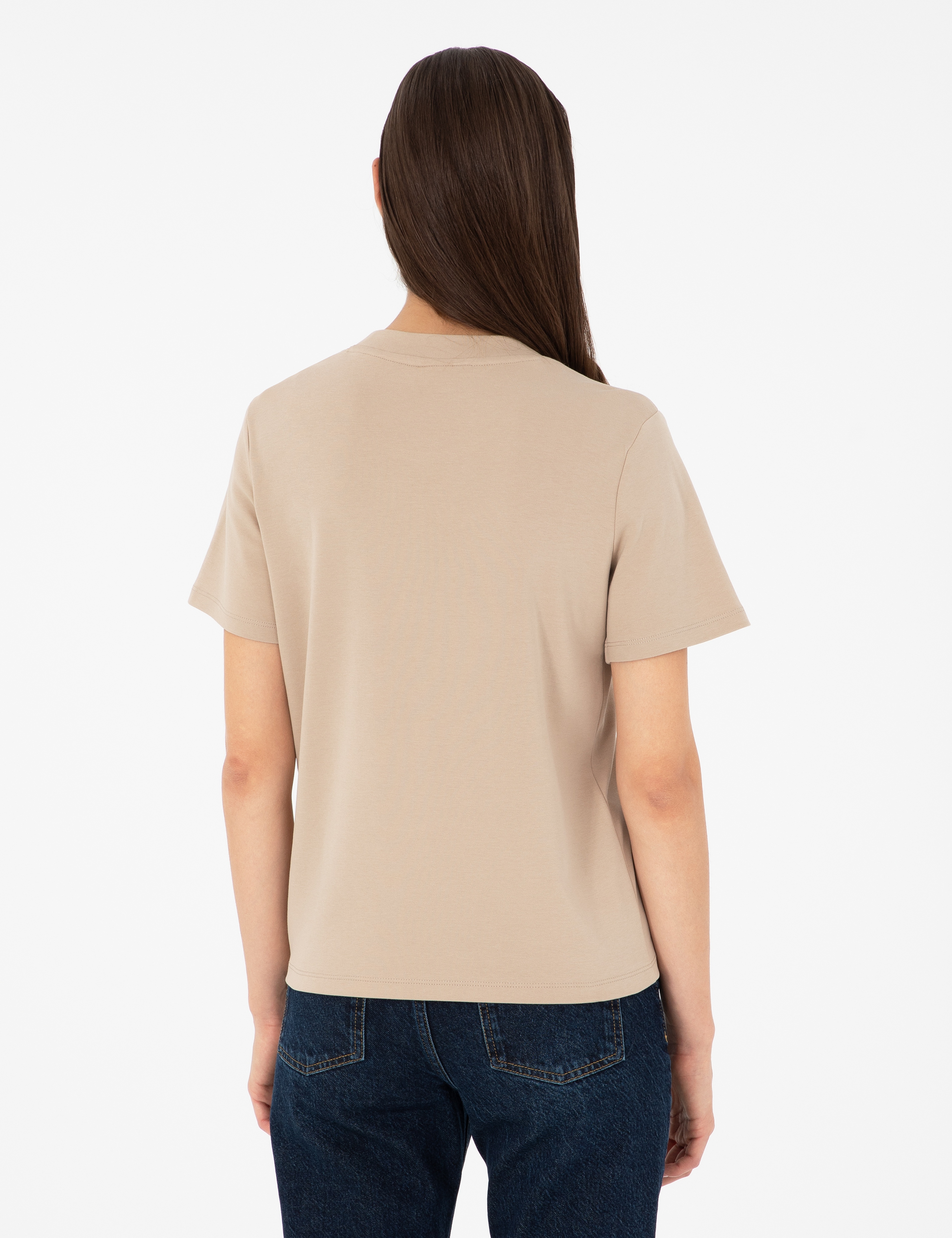 Bej Slim Fit Bisiklet Yaka Basic Tişört - Image 5