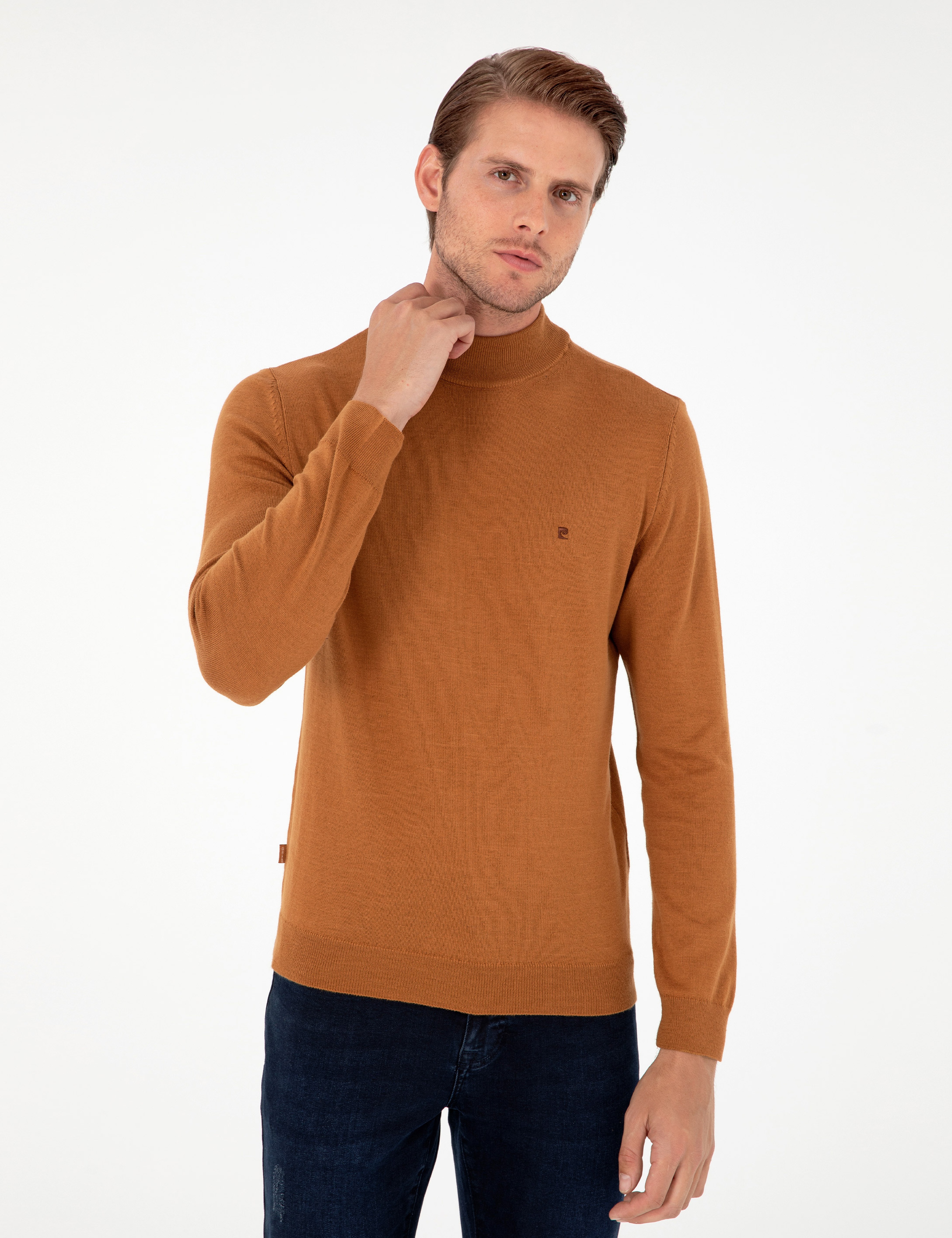 Kahverengi Slim Fit Yarım Balıkçı Yaka Basic Triko Kazak - Image 3