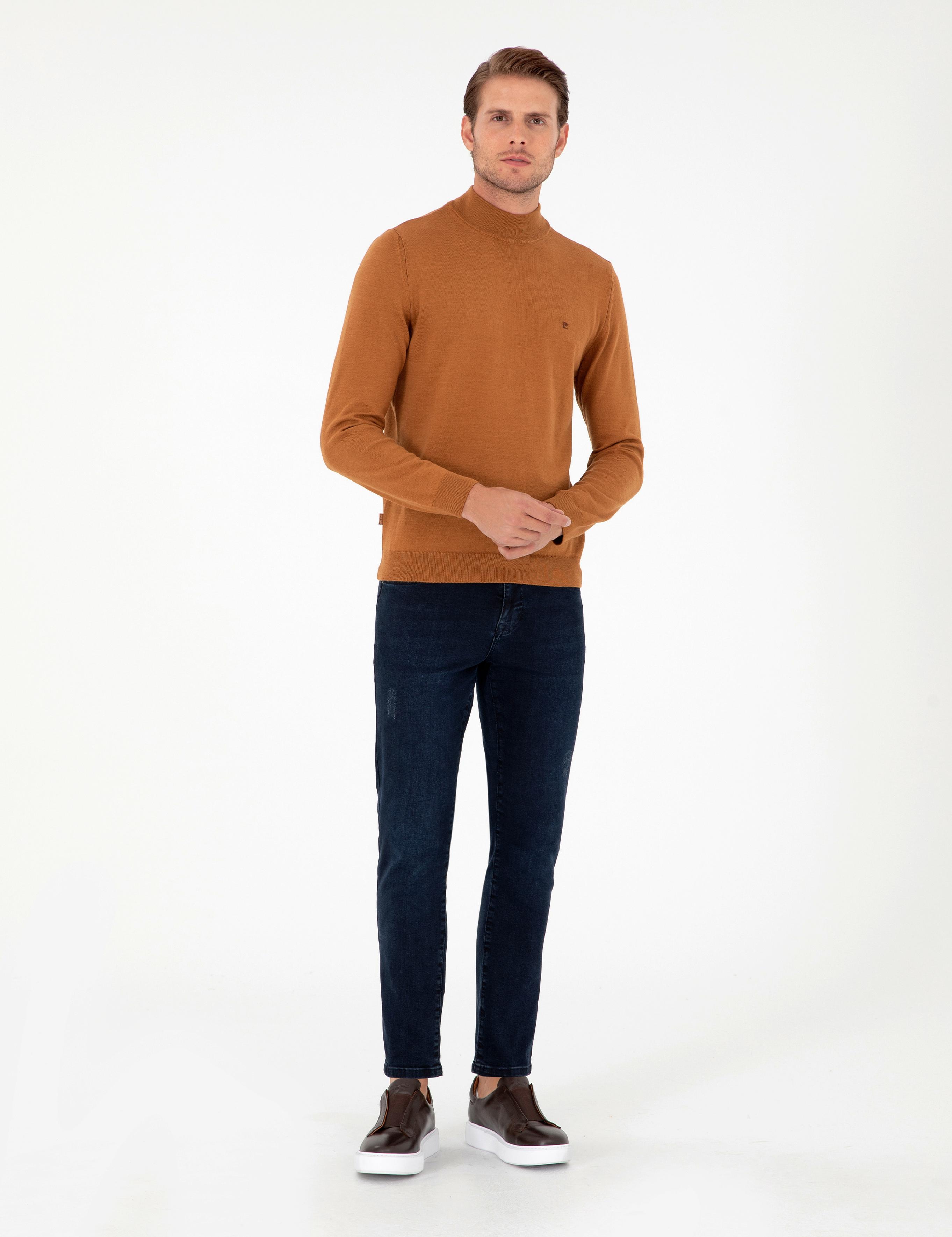 Kahverengi Slim Fit Yarım Balıkçı Yaka Basic Triko Kazak