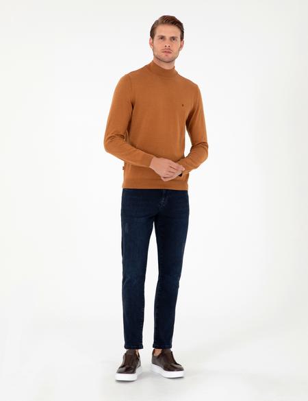 Kahverengi Slim Fit Yarım Balıkçı Yaka Basic Triko Kazak - 50296614107