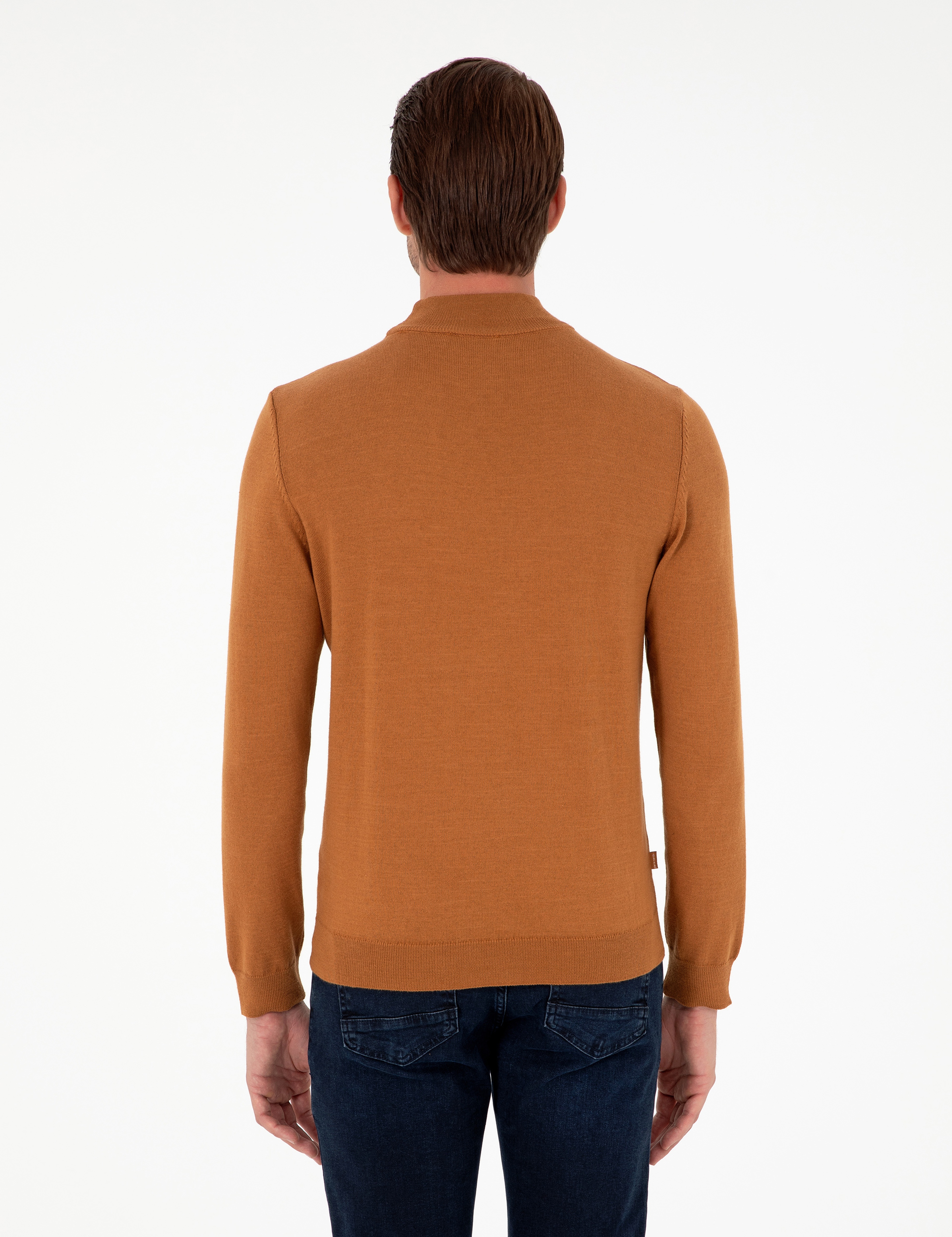 Kahverengi Slim Fit Yarım Balıkçı Yaka Basic Triko Kazak - Image 5