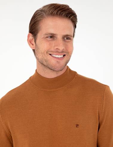 Kahverengi Slim Fit Yarım Balıkçı Yaka Basic Triko Kazak