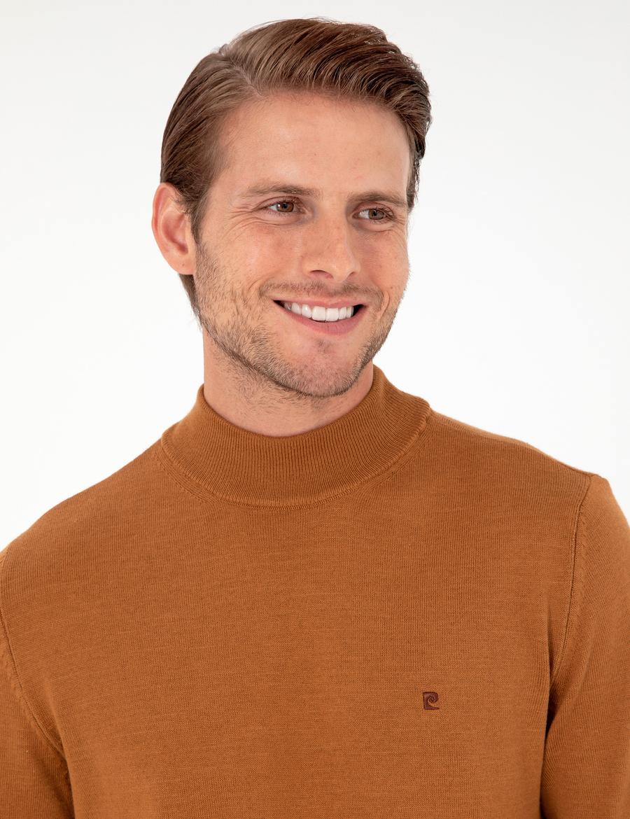 Kahverengi Slim Fit Yarım Balıkçı Yaka Basic Triko Kazak