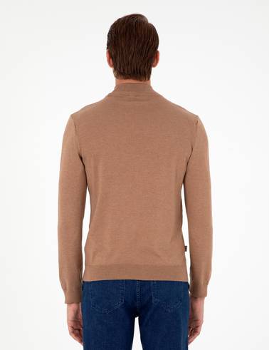 Camel Melanj Slim Fit Yarım Balıkçı Yaka Basic Triko Kazak