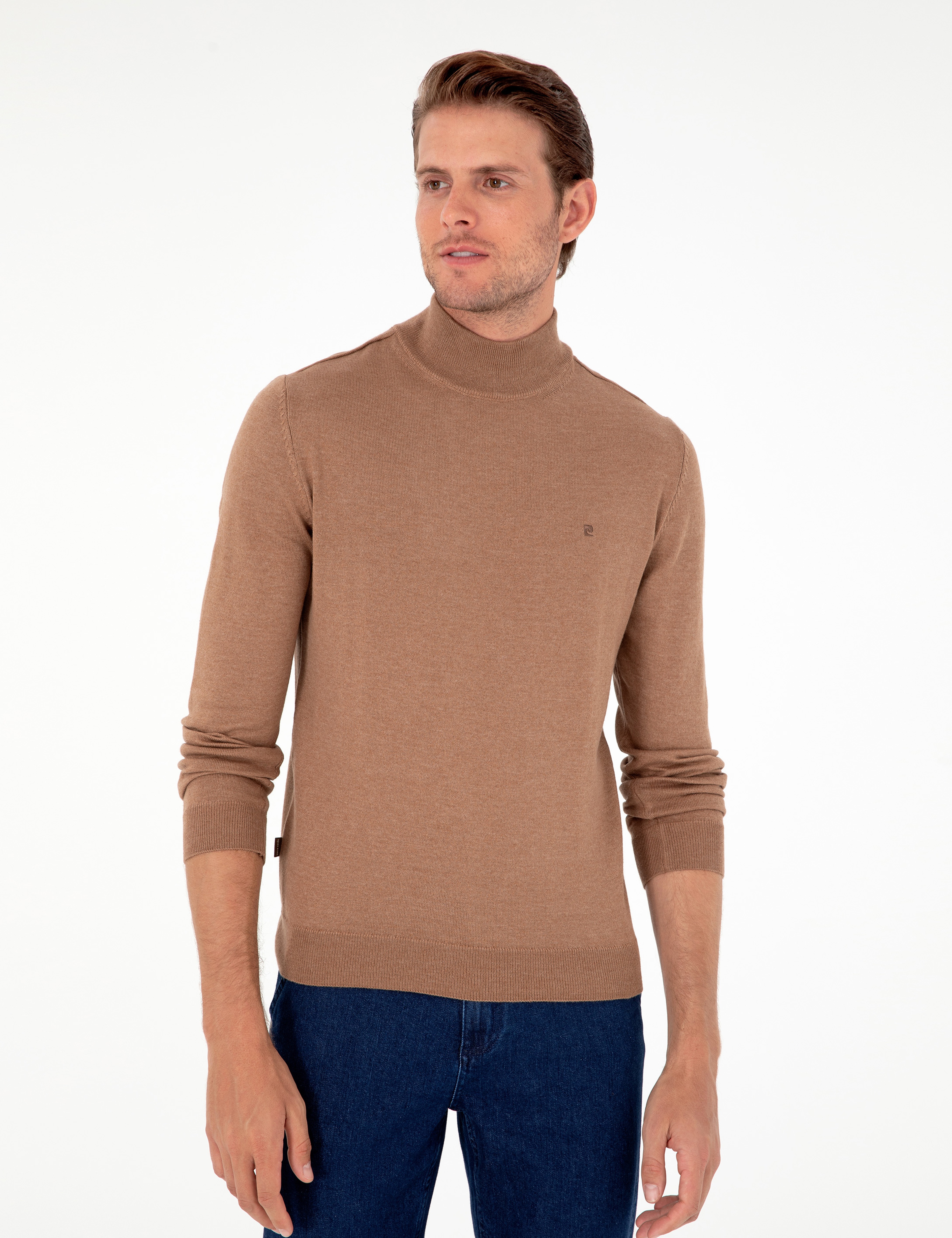 Camel Melanj Slim Fit Yarım Balıkçı Yaka Basic Triko Kazak - Image 3