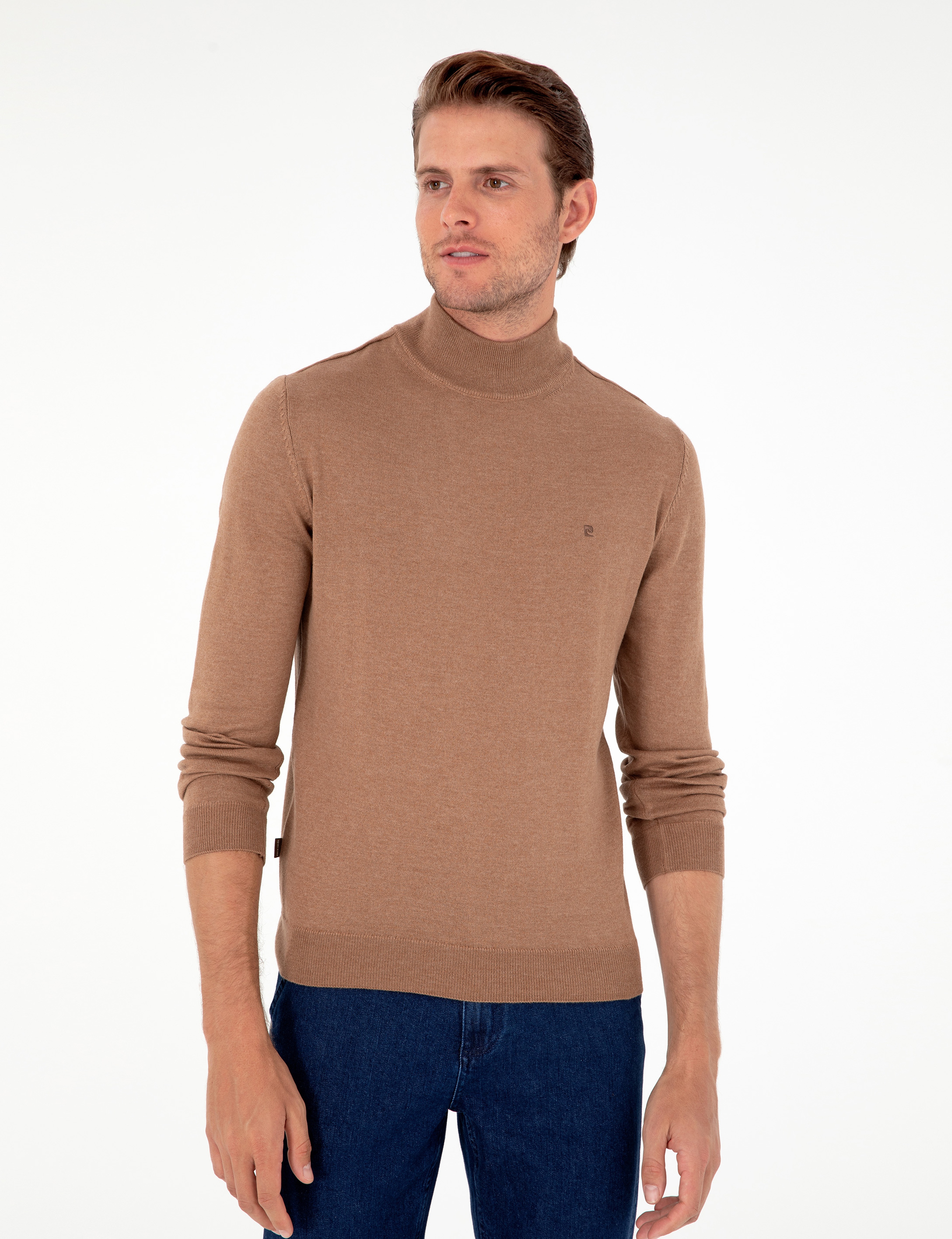 Camel Melanj Slim Fit Yarım Balıkçı Yaka Basic Triko Kazak