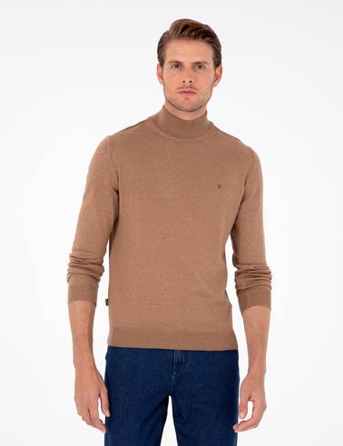 Camel Melanj Slim Fit Yarım Balıkçı Yaka Basic Triko Kazak