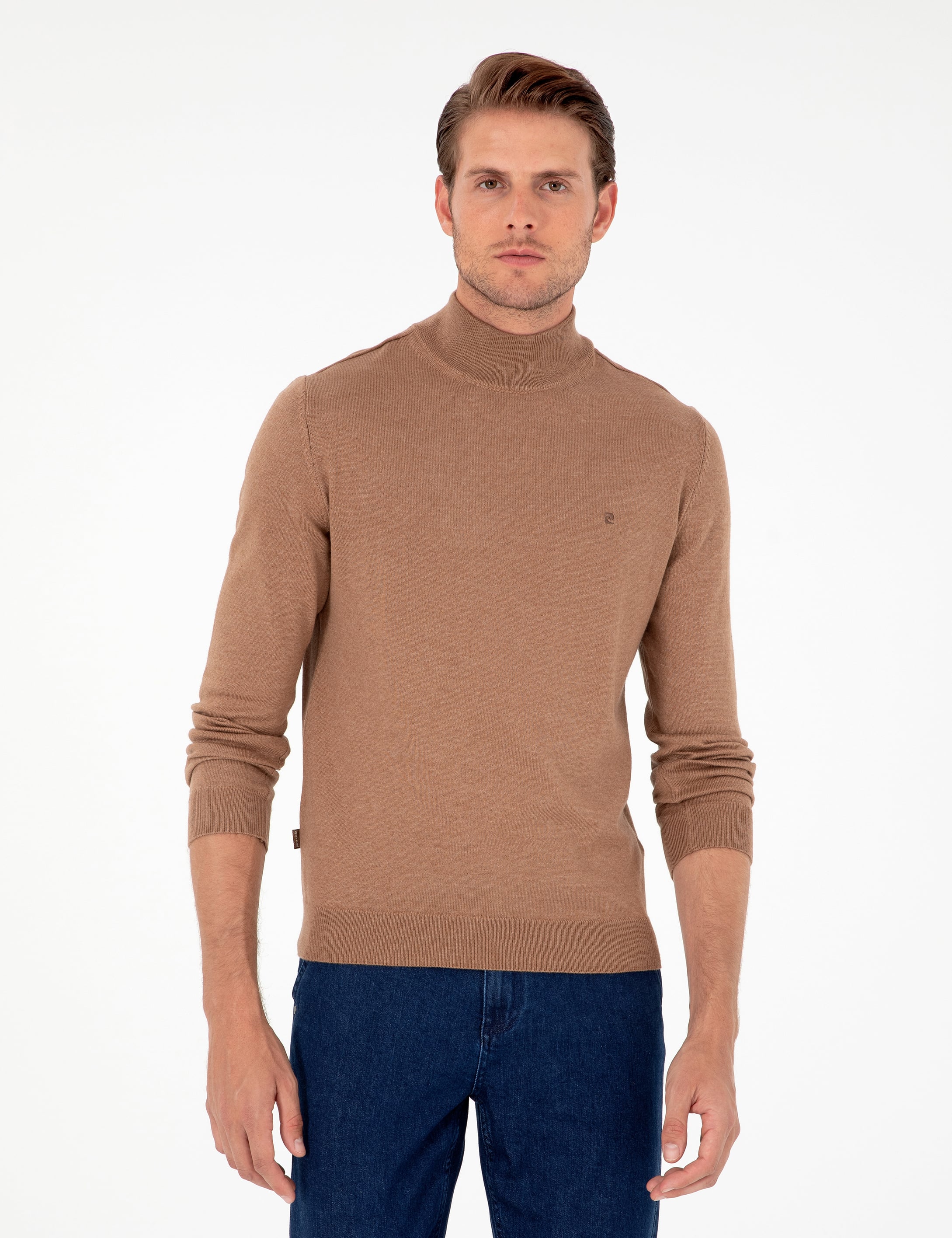 Camel Melanj Slim Fit Yarım Balıkçı Yaka Basic Triko Kazak