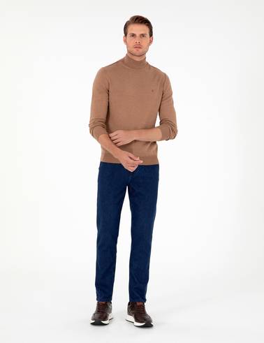 Camel Melanj Slim Fit Yarım Balıkçı Yaka Basic Triko Kazak