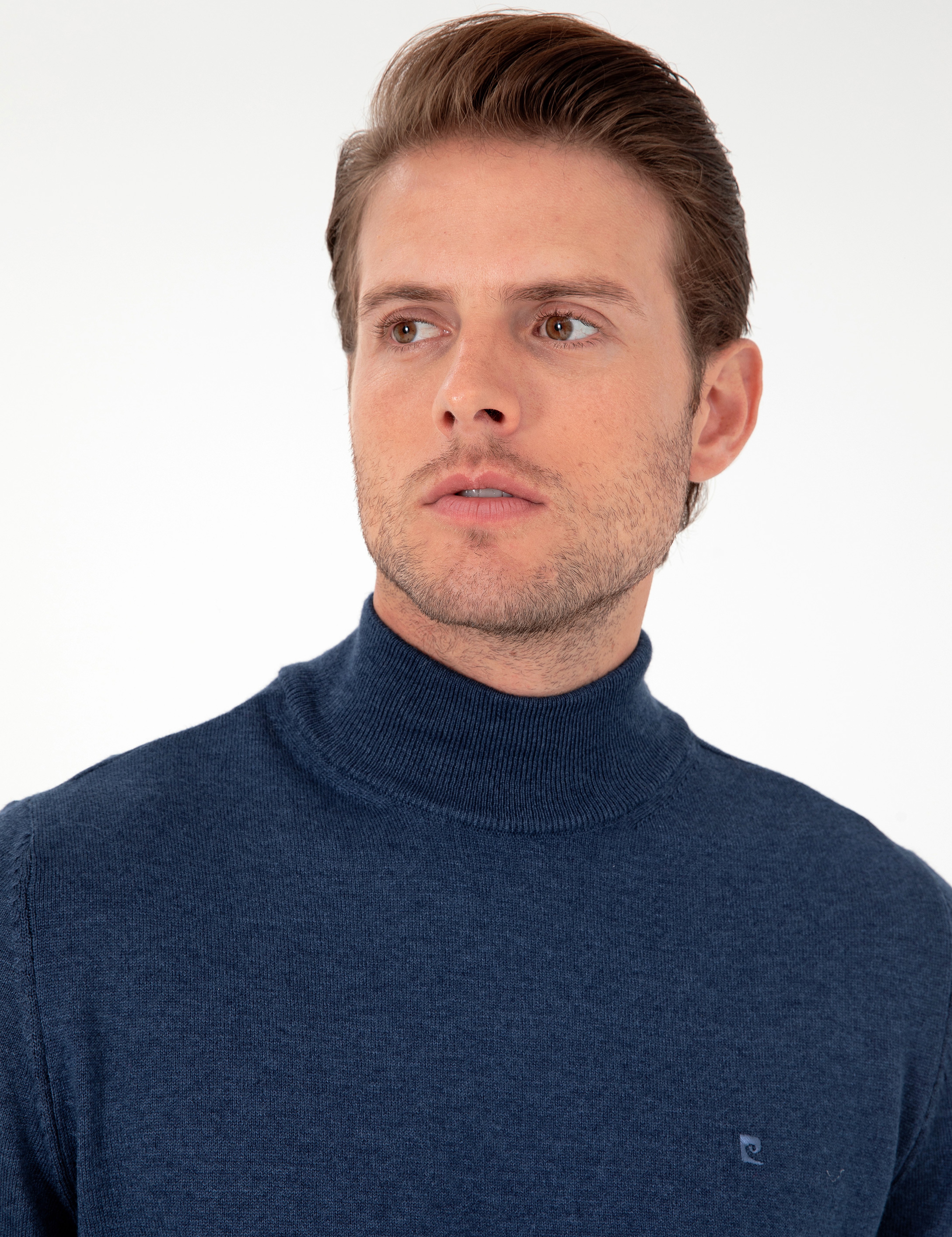 İndigo Melanj Slim Fit Yarım Balıkçı Yaka Basic Triko Kazak - Image 2