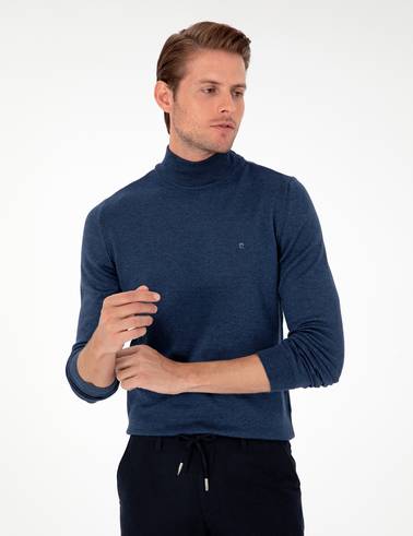 İndigo Melanj Slim Fit Yarım Balıkçı Yaka Basic Triko Kazak