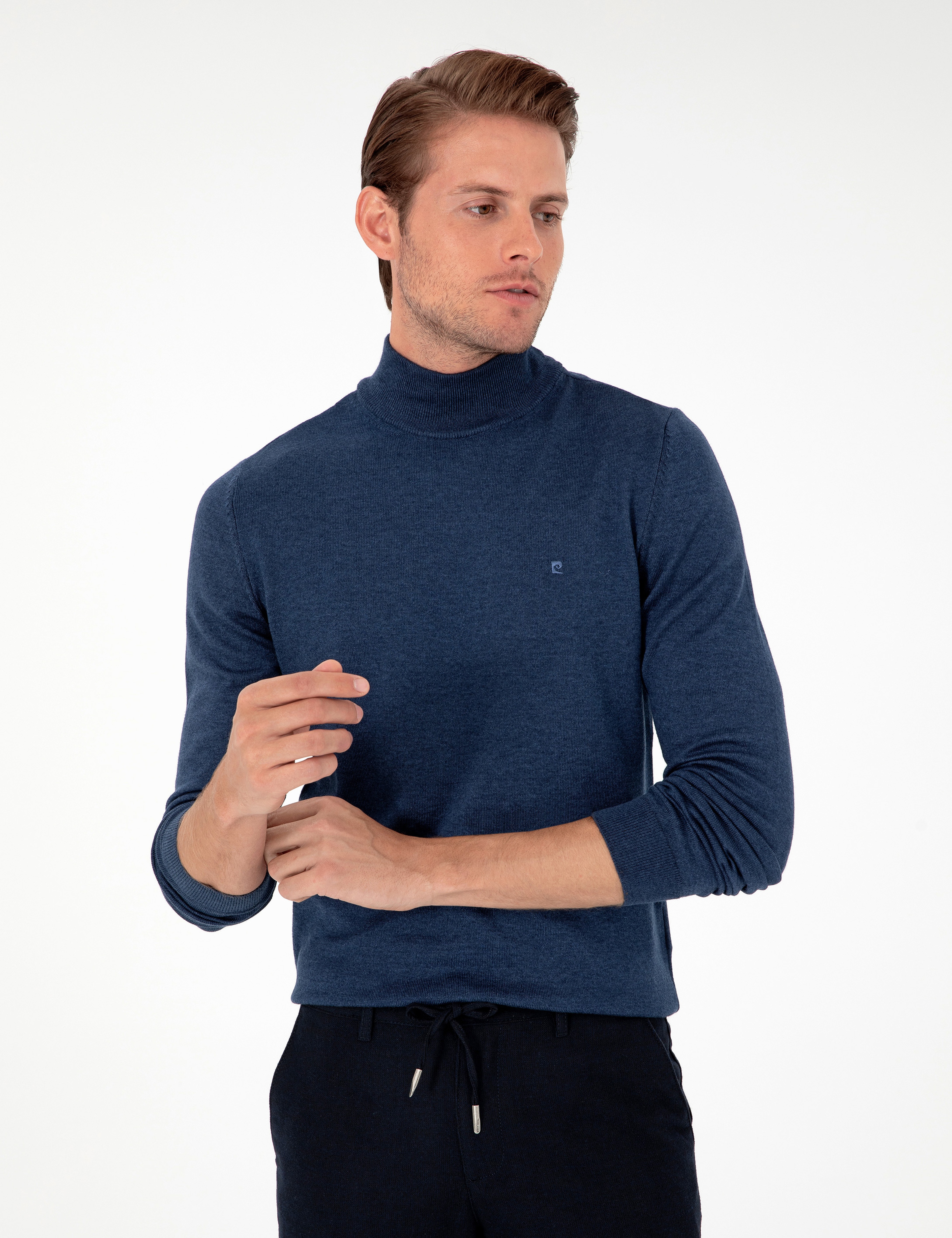 İndigo Melanj Slim Fit Yarım Balıkçı Yaka Basic Triko Kazak