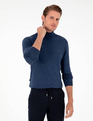 İndigo Melanj Slim Fit Yarım Balıkçı Yaka Basic Triko Kazak