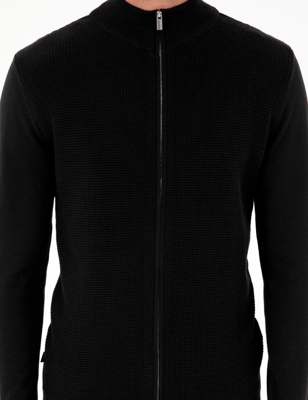 Siyah Slim Fit Fermuarlı Triko Hırka - 50300497017