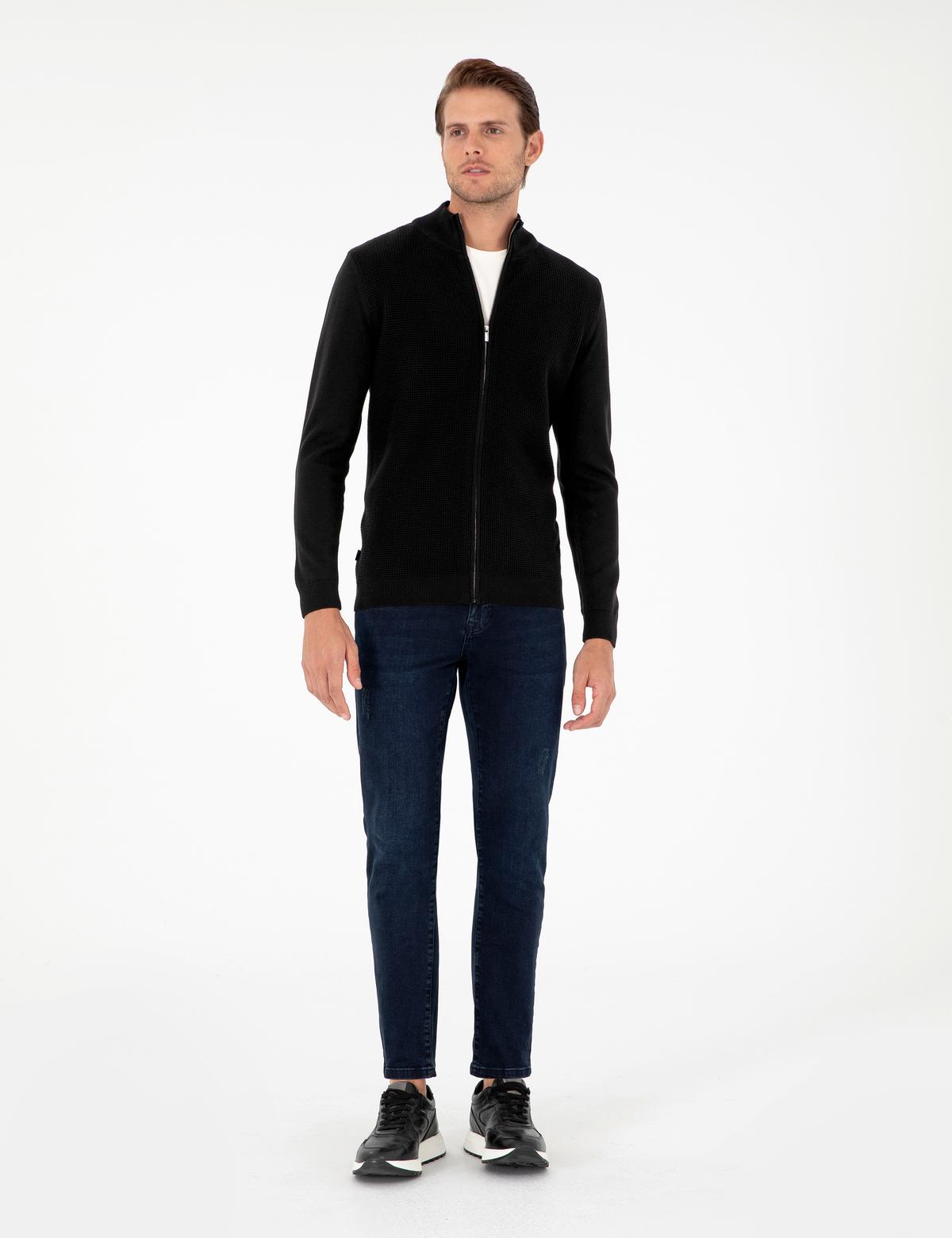 Siyah Slim Fit Fermuarlı Triko Hırka - 50300497017