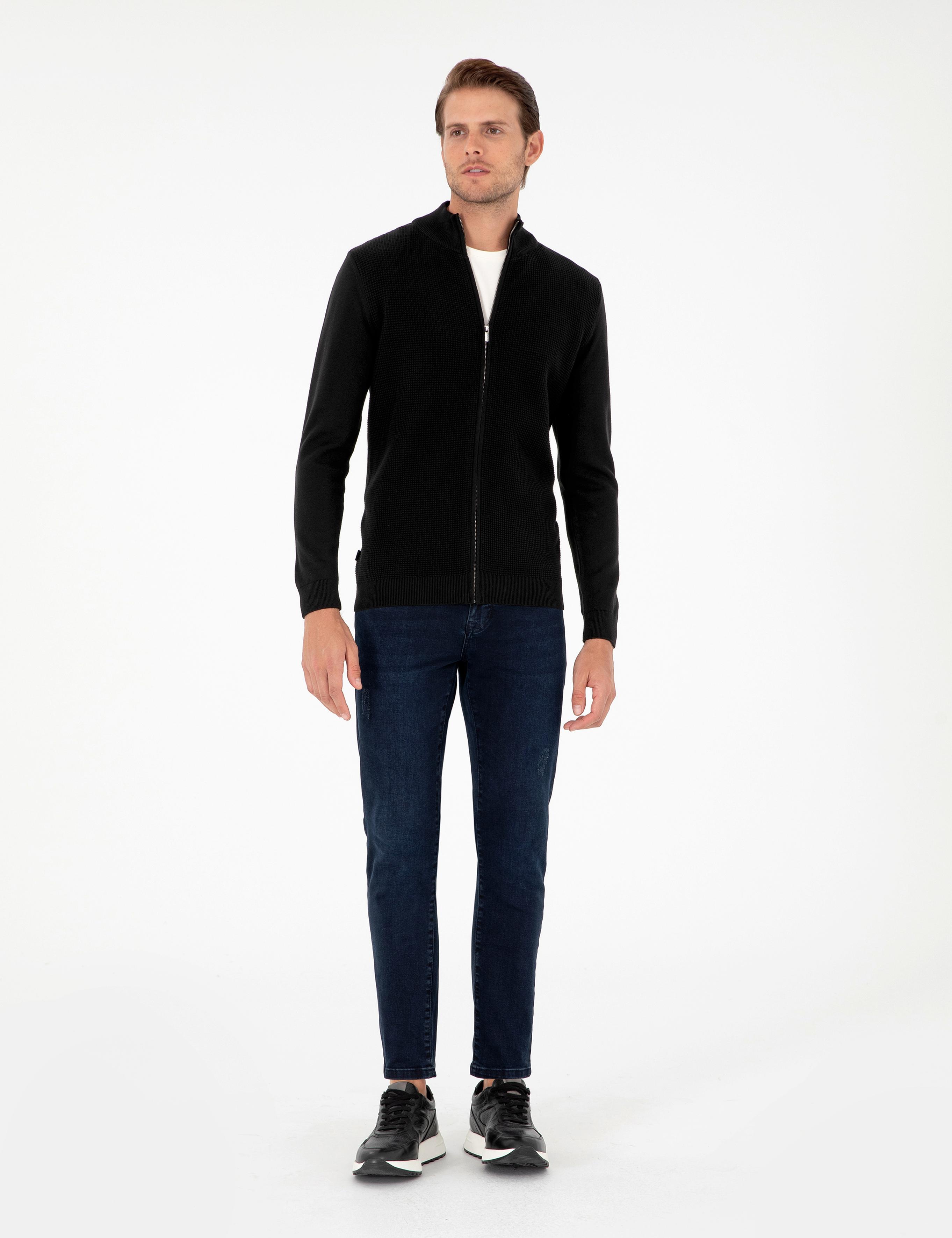 Siyah Slim Fit Fermuarlı Triko Hırka